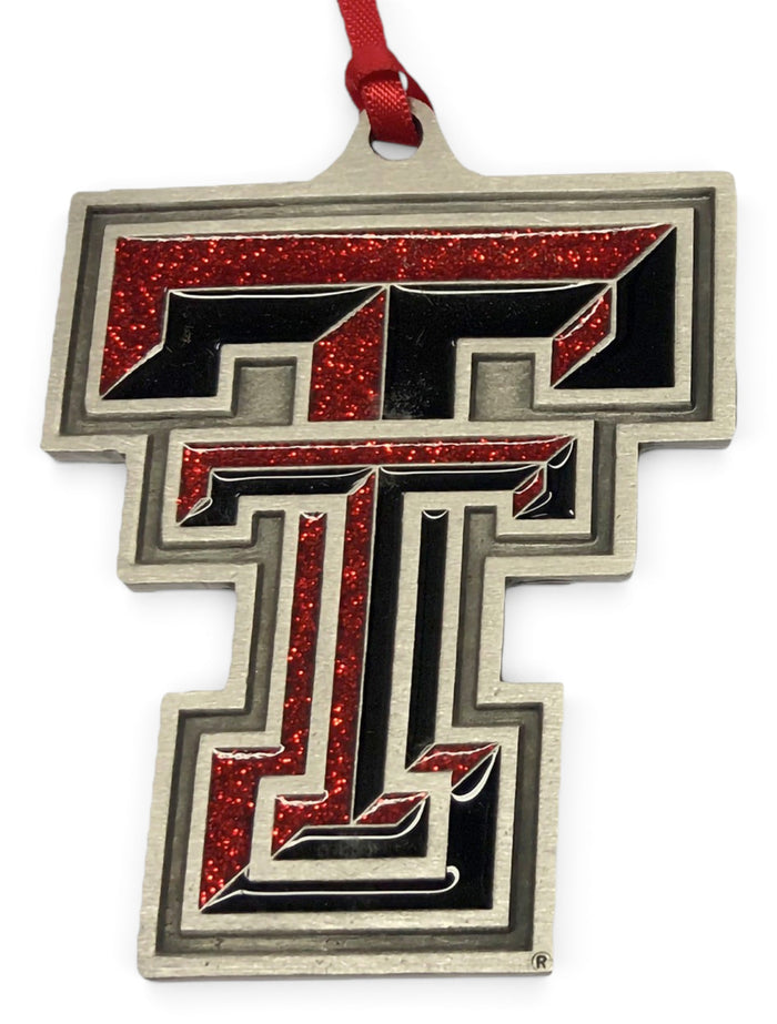 Texas Tech Red Glitter Double T Two-Sided Pewter Ornament – Front view
