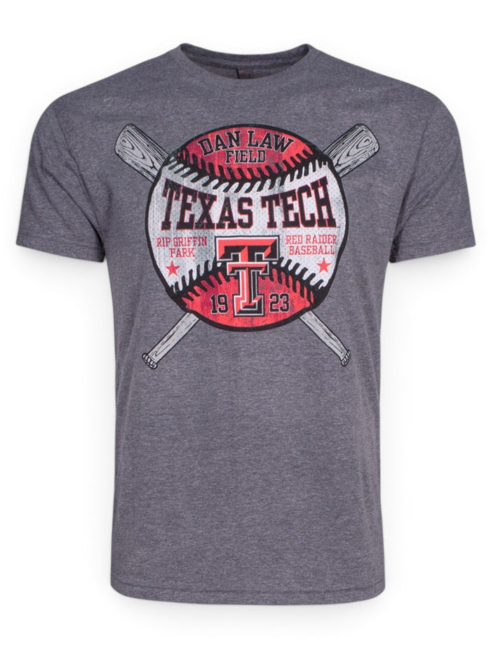 Texas Tech Red Raiders Dan Law Field Celebrate Baseball on Heather Grey T-Shirt – Front view