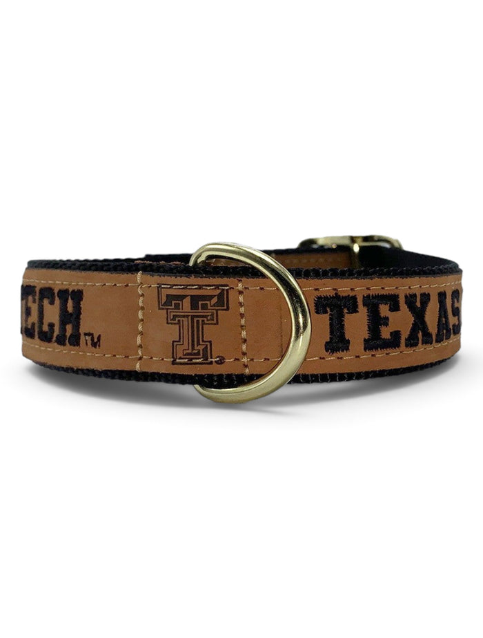 Texas Tech Red Raiders Tan Leather Embroidered Dog Collar – Front view