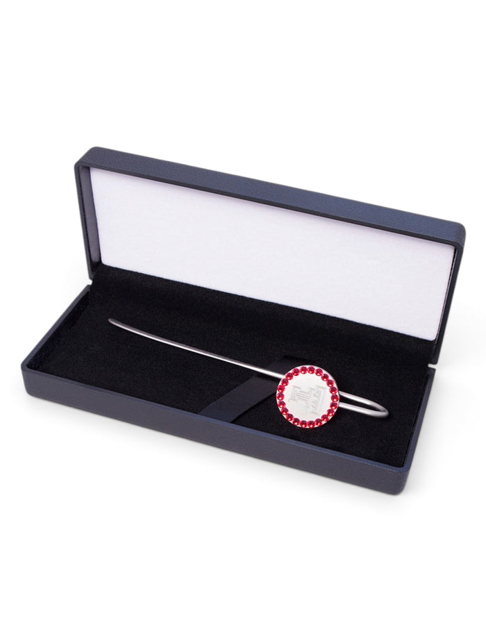 Texas Tech Rhinestone Accented Brushed Silver Bookmark in Black Gift Box – Front view