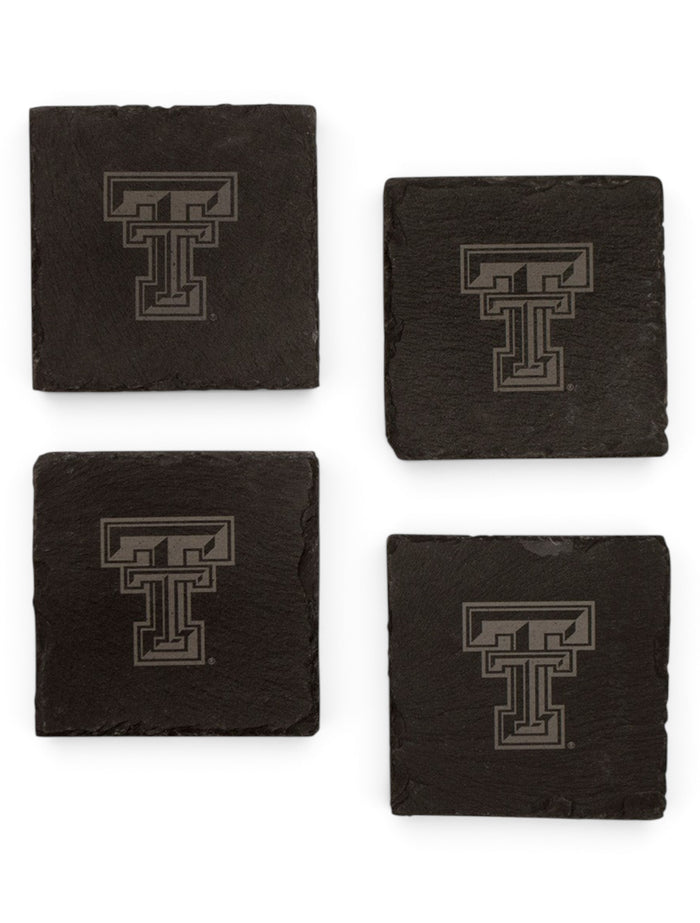 Texas Tech Set of 4 Laser Engraved Double T on Black Slate Coasters – Front view