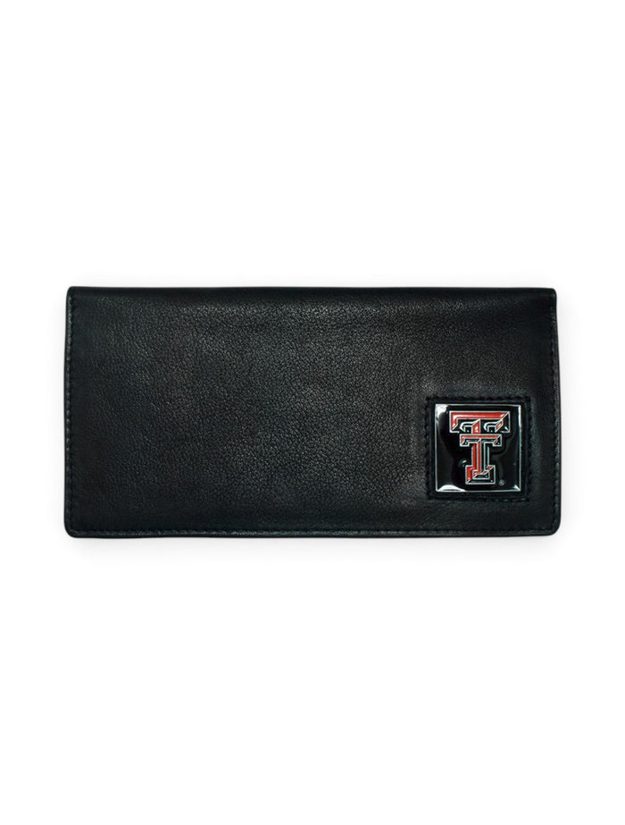 Texas Tech Square Double T Emblem on Black Leather Checkbook Wallet – Front view