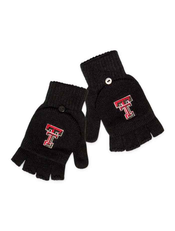 ZooZatz Texas Tech Double T on Black Fingerless Flip Mittens – Front view