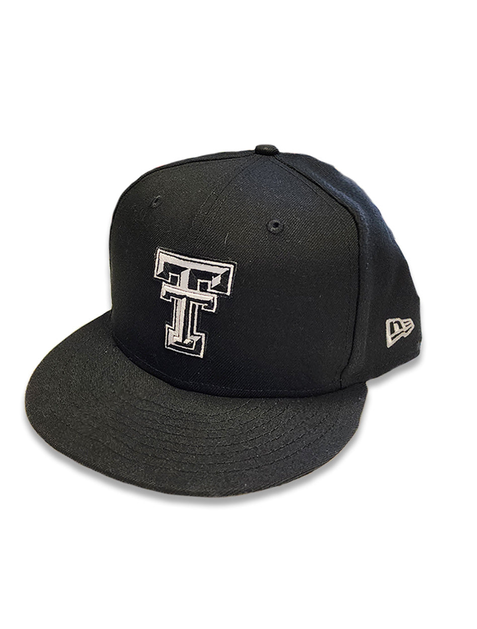 New Era Texas Tech Black & White Double T 5950 Flat Bill Fitted Cap in White, Size: 7 1/8, Sold by Red Raider Outfitters