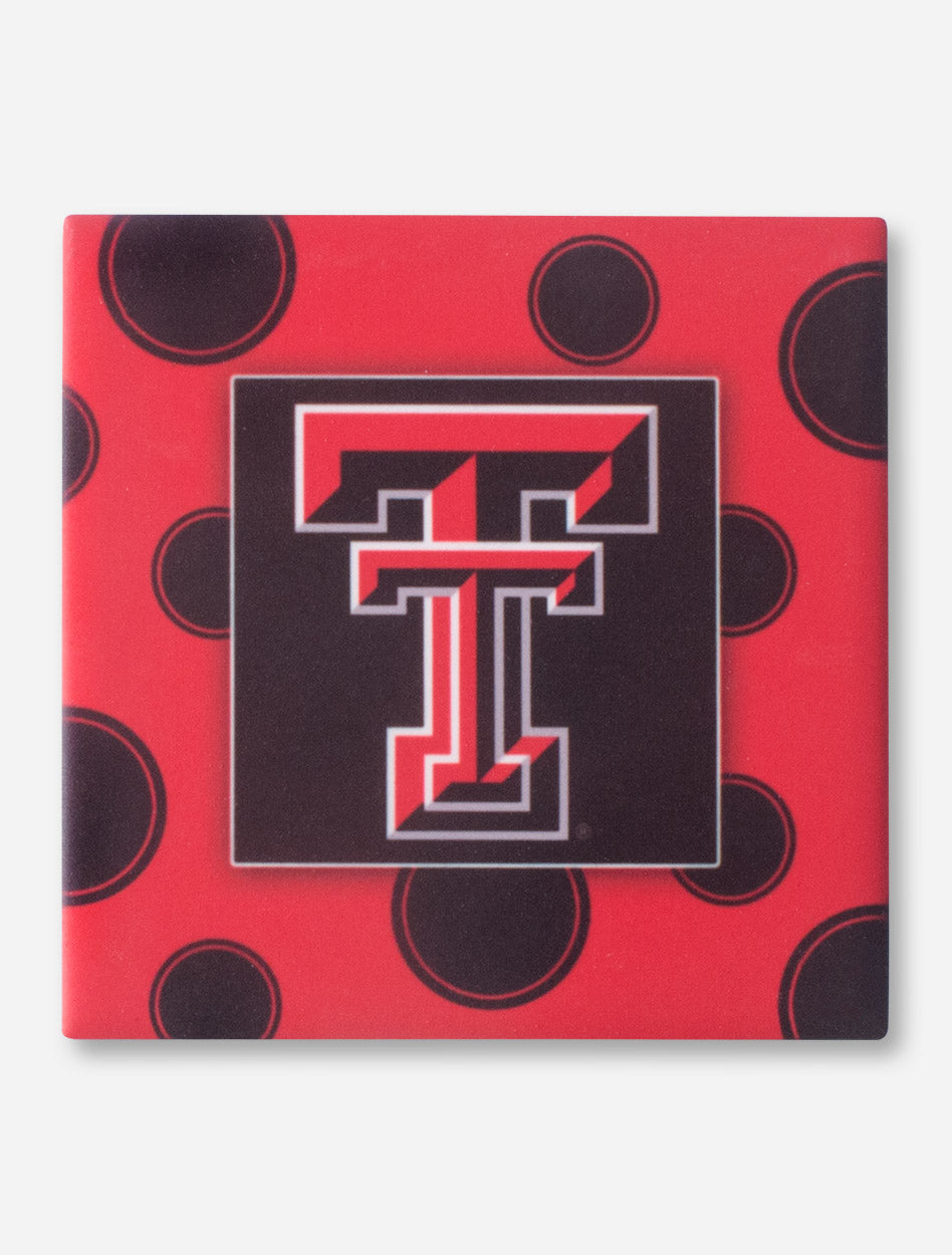 Texas Tech Double T on Polka Dot Patterned Black Coaster