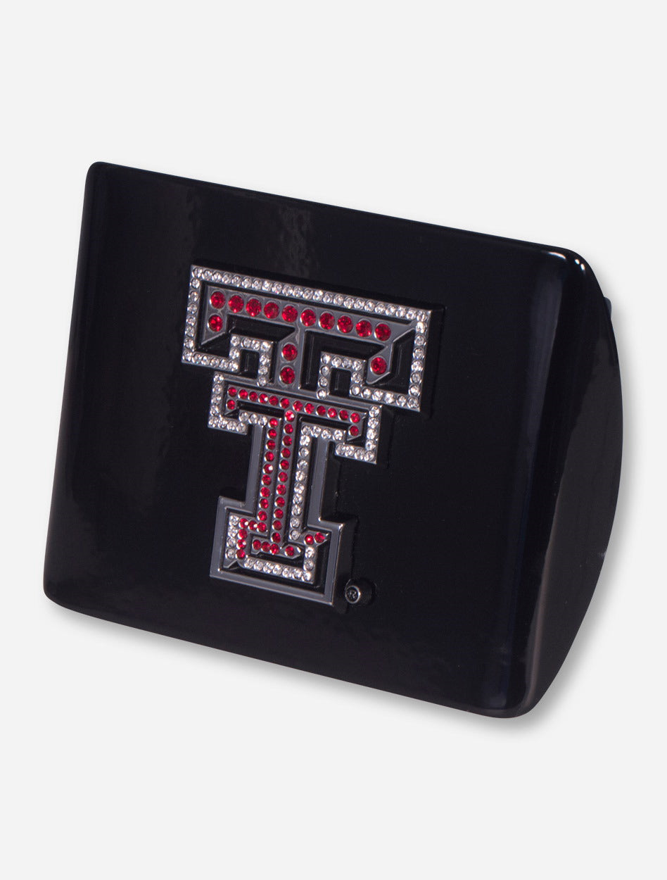 Texas Tech Chrome and Red Rhinestone Double T on Black Hitch Cover