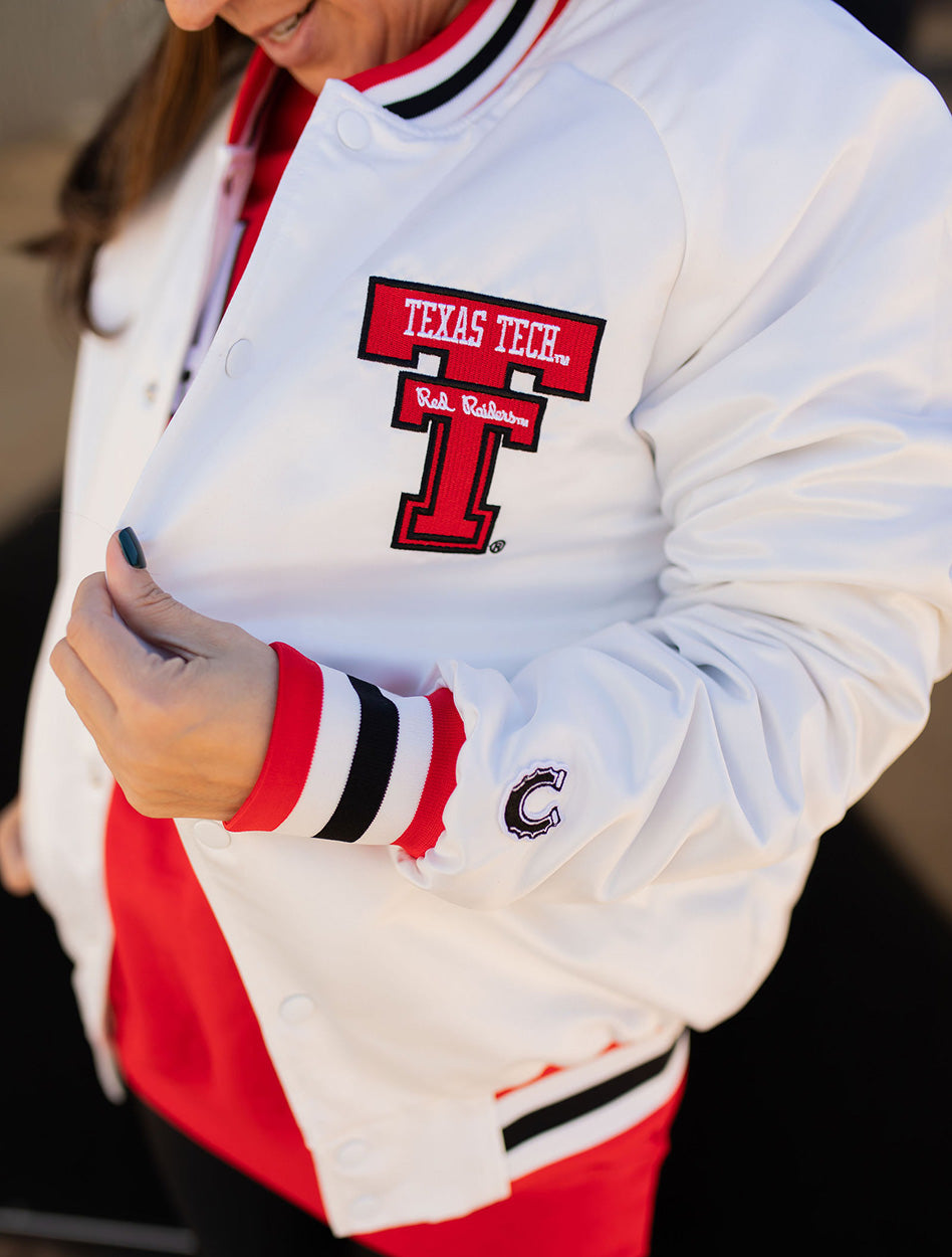 YOUTH Texas Tech Dark Horse "Cactus Raider Red" White Varsity Jacket