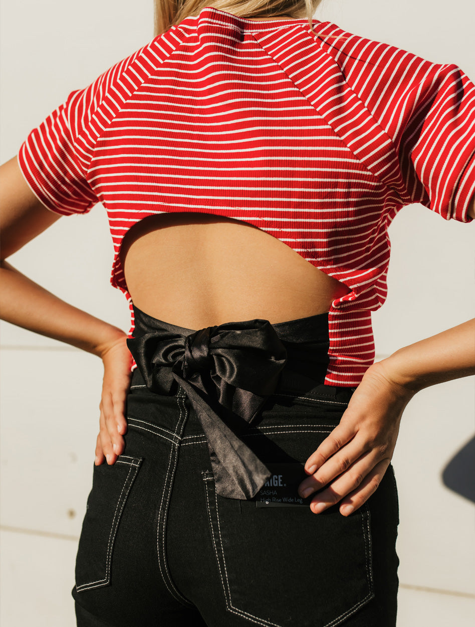 Texas Tech Double T " Marmalade" Striped Tie Back Crop Blouse