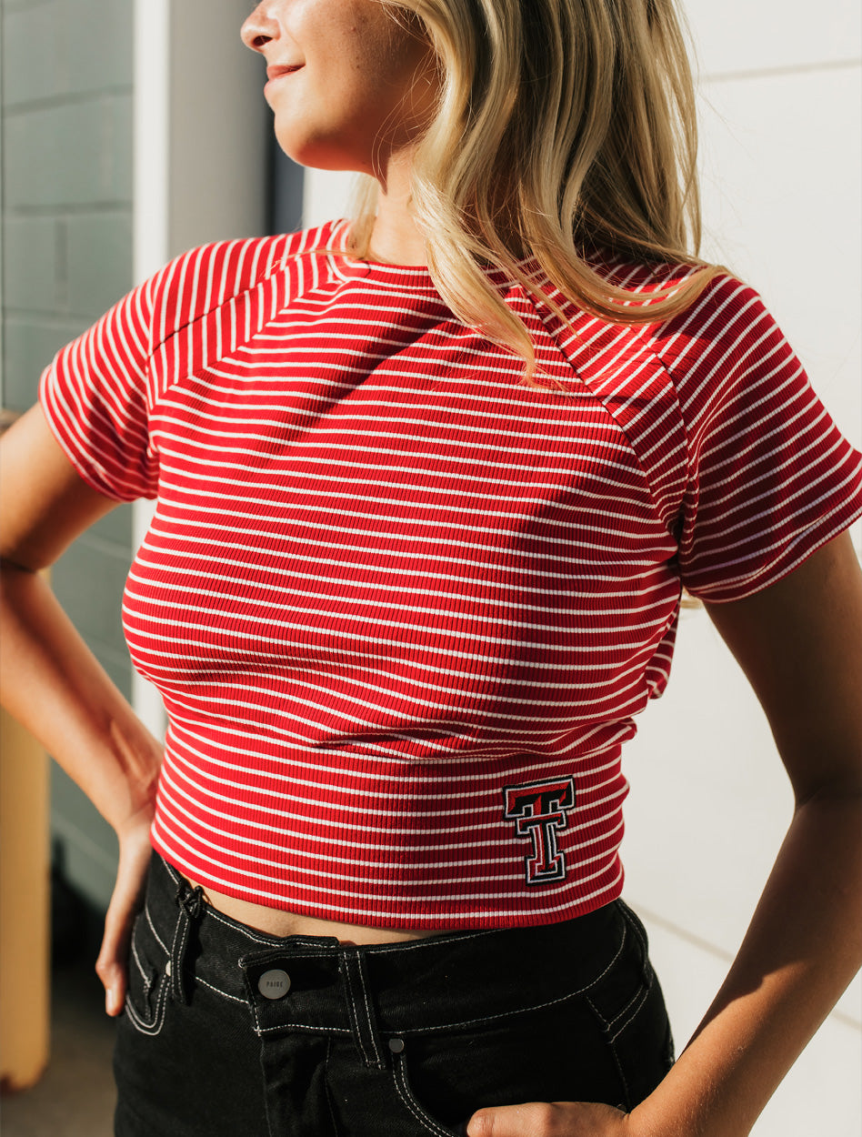Texas Tech Double T " Marmalade" Striped Tie Back Crop Blouse