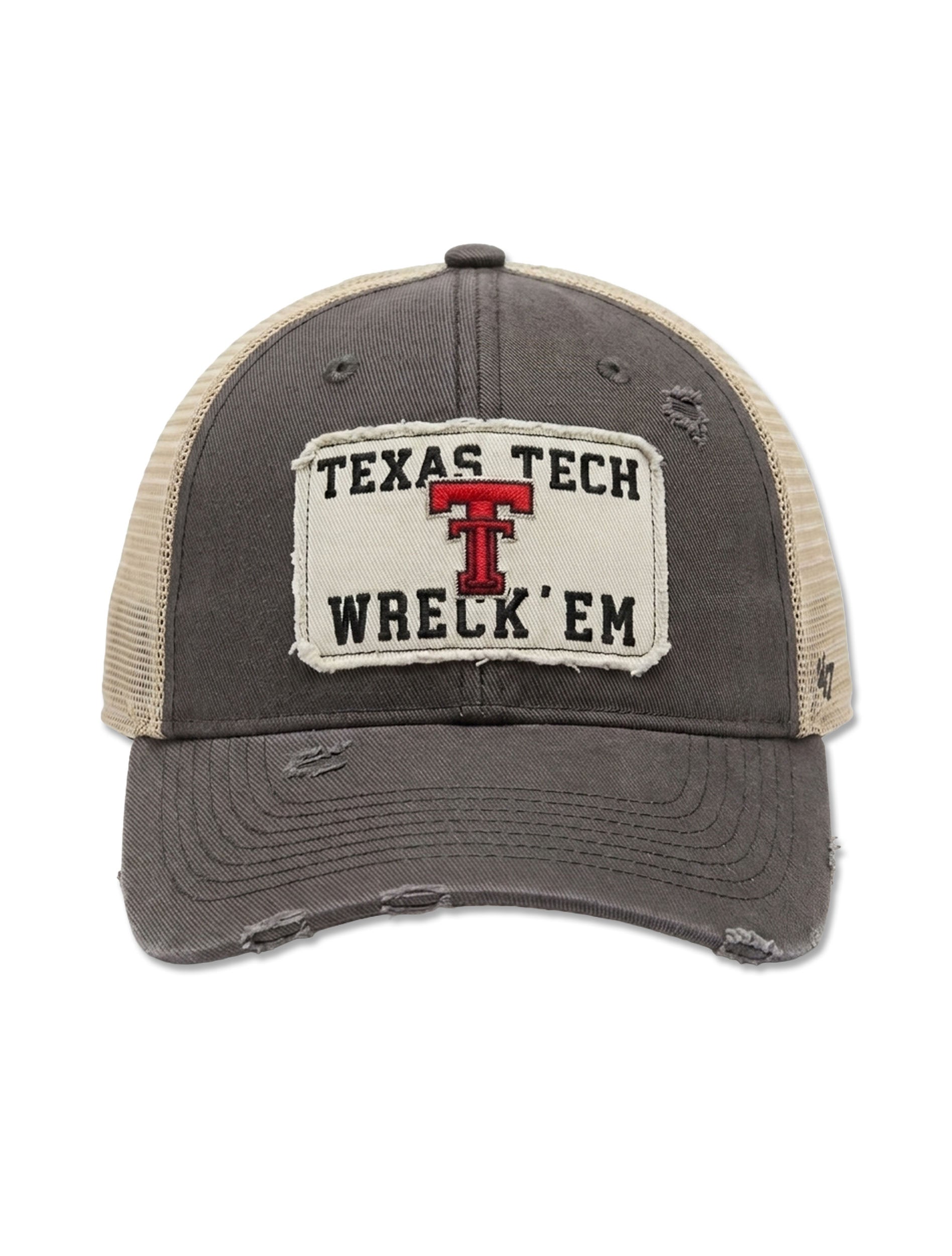 47 Brand Texas Tech charcoal distressed trucker snapback cap with a tan mesh back and a raw-edge patch embroidered “Texas Tech” over the vault Double T and “Wreck ’Em”