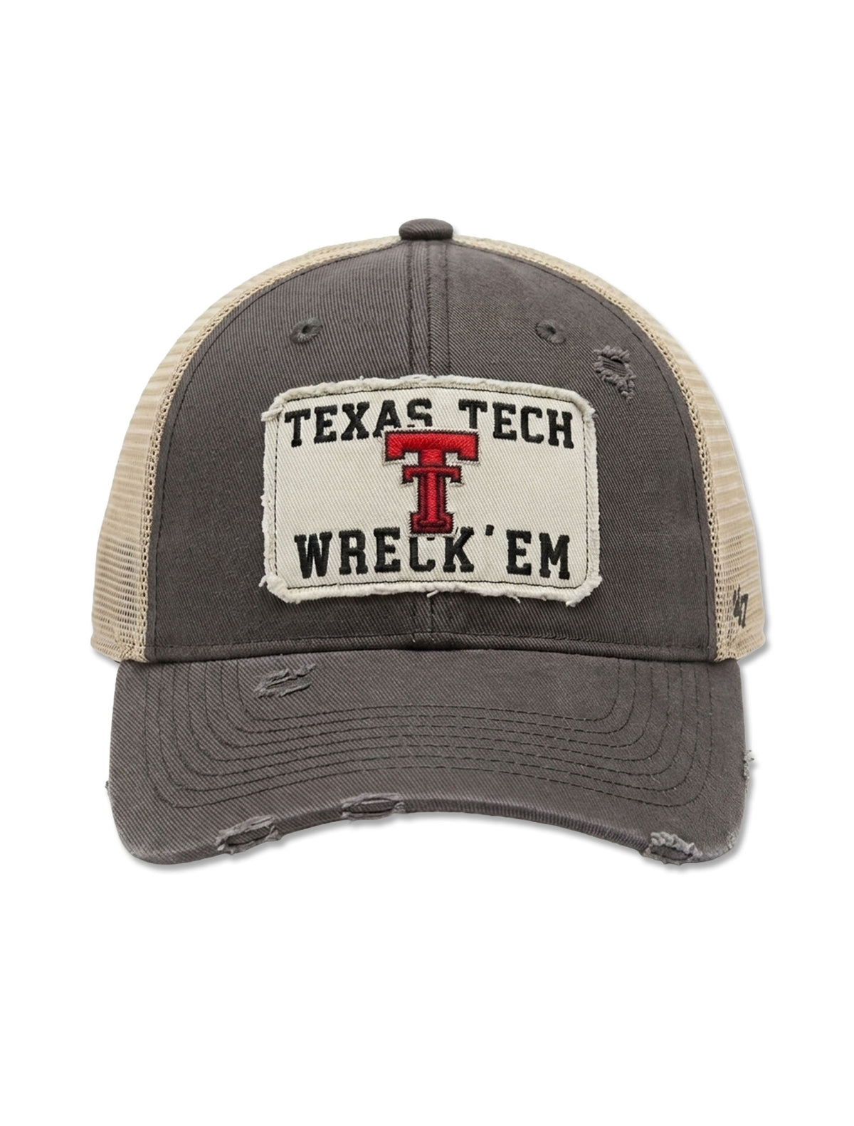 47 Brand Texas Tech charcoal distressed trucker snapback cap with a tan mesh back and a raw-edge patch embroidered “Texas Tech” over the vault Double T and “Wreck ’Em”