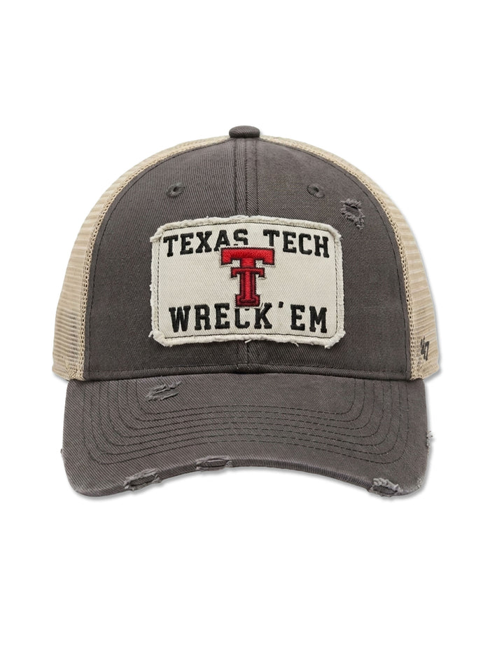 47 Brand Texas Tech charcoal distressed trucker snapback cap with a tan mesh back and a raw-edge patch embroidered “Texas Tech” over the vault Double T and “Wreck ’Em”