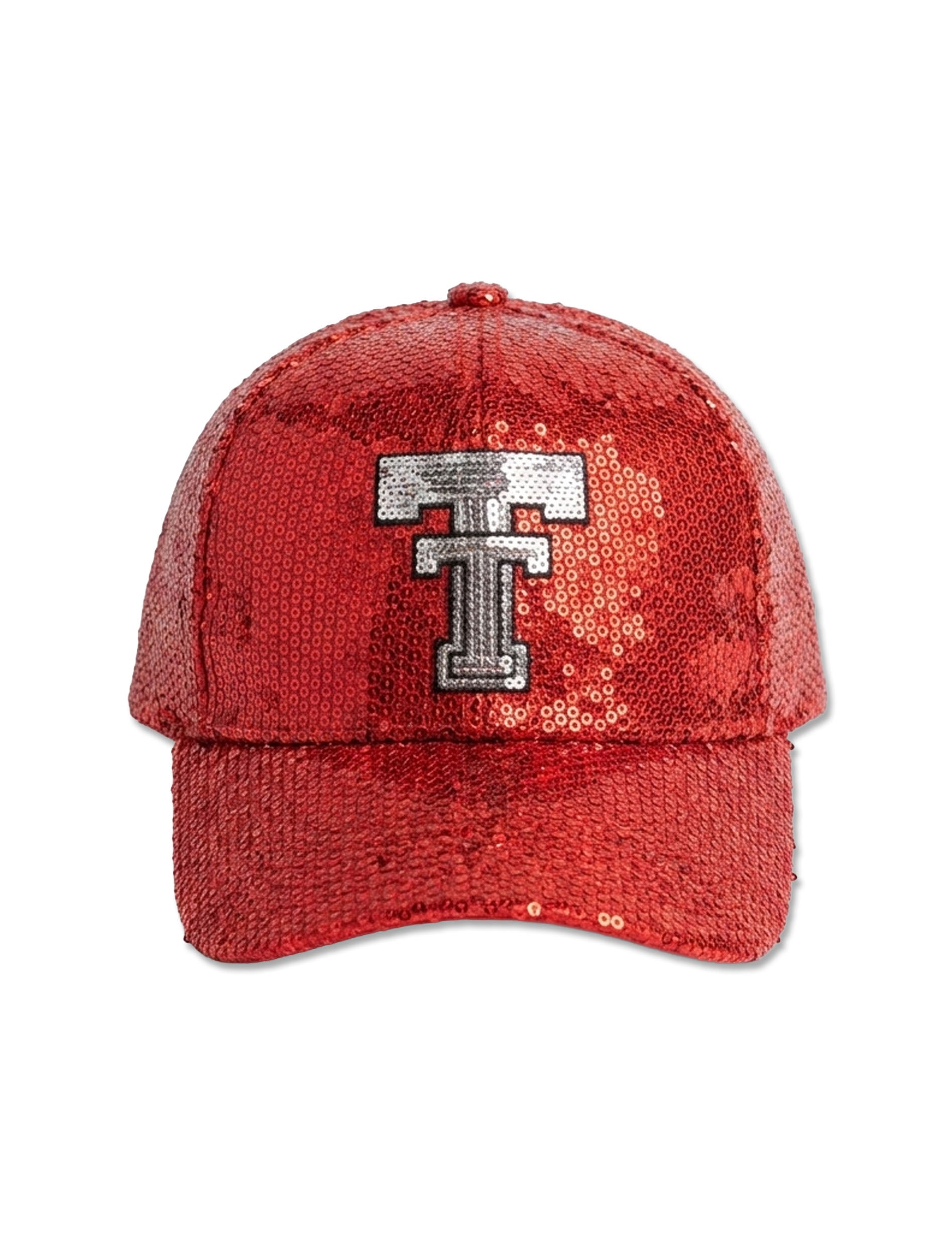 47 Brand Texas Tech red sequin women's cap with a silver-sequin throwback Double T outlined in black on the front
