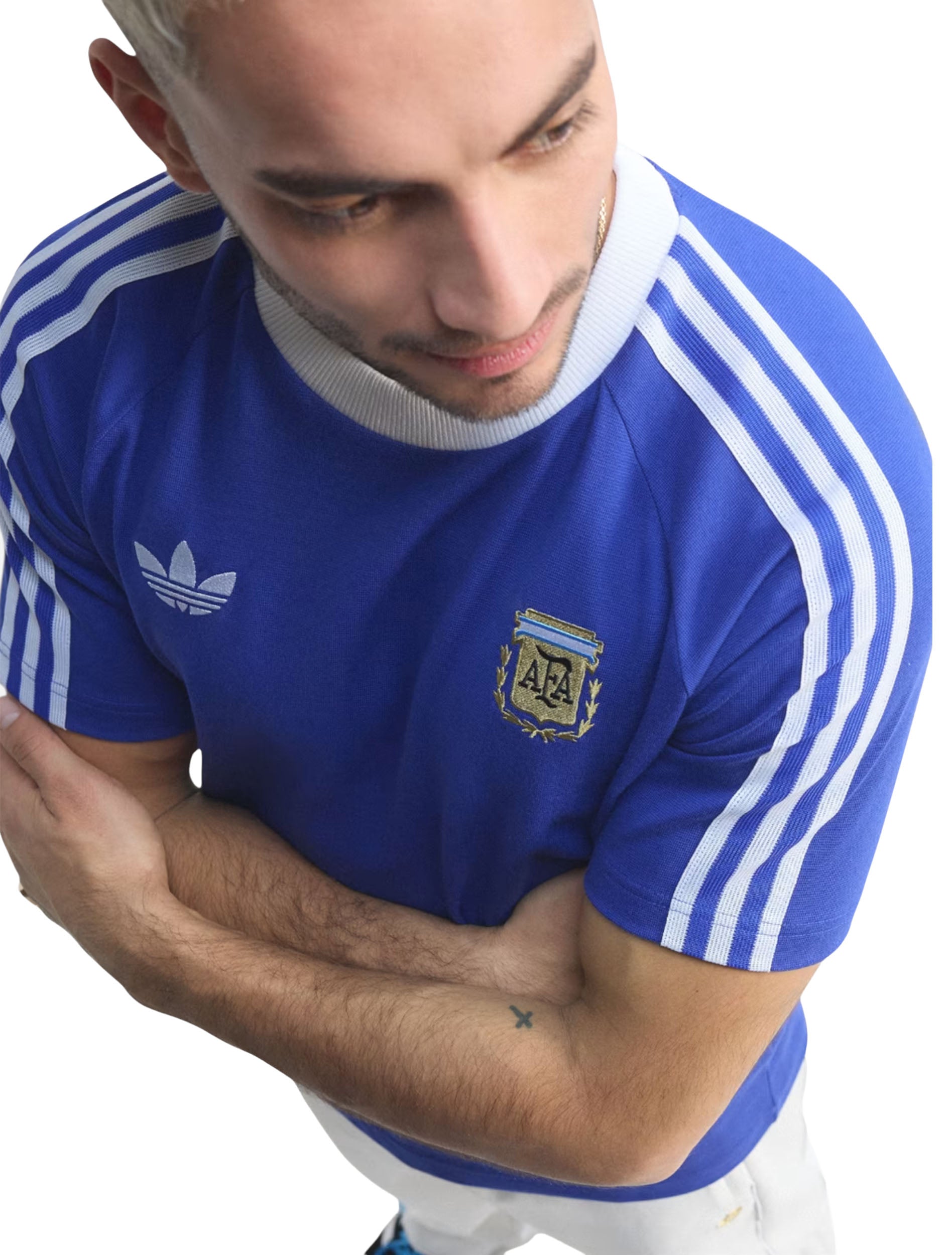 Chest trefoil and AFA crest detail on Adidas Argentina Originals Tee in Lucid Blue
