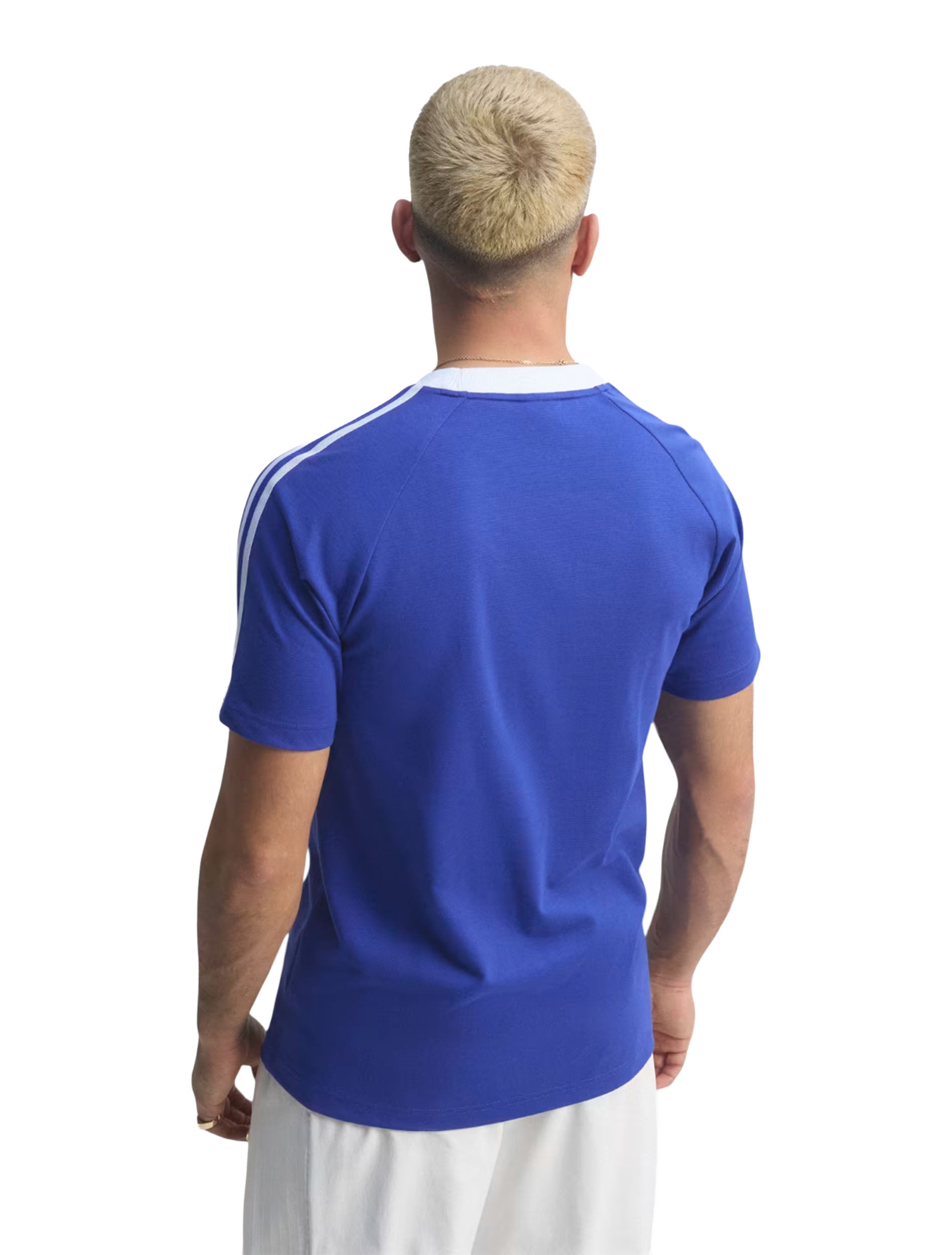 Adidas Argentina Originals Tee in Lucid Blue worn by model — back with shoulder 3-stripes