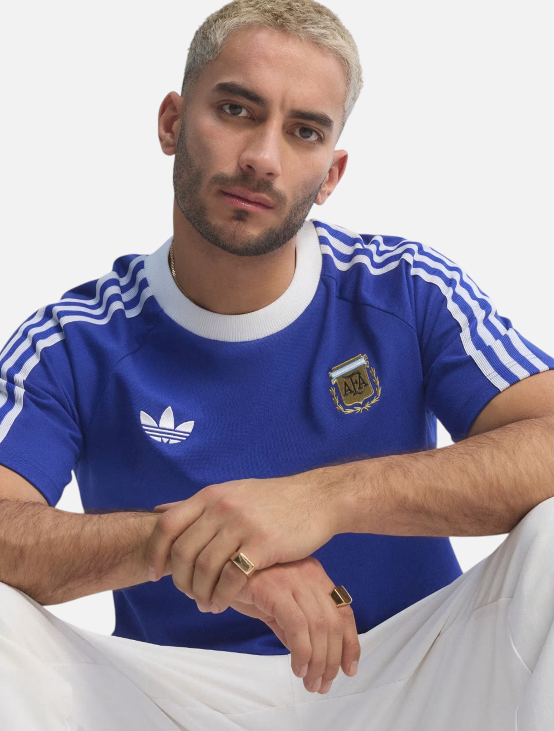 Adidas Argentina Originals Tee in Lucid Blue worn by model — front