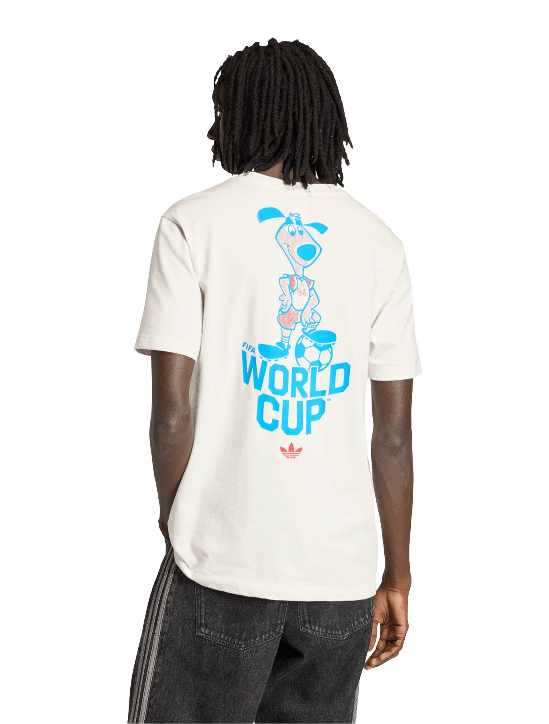 Adidas FIFA World Cup 26 Striker Mascot T-Shirt styled with denim — full body