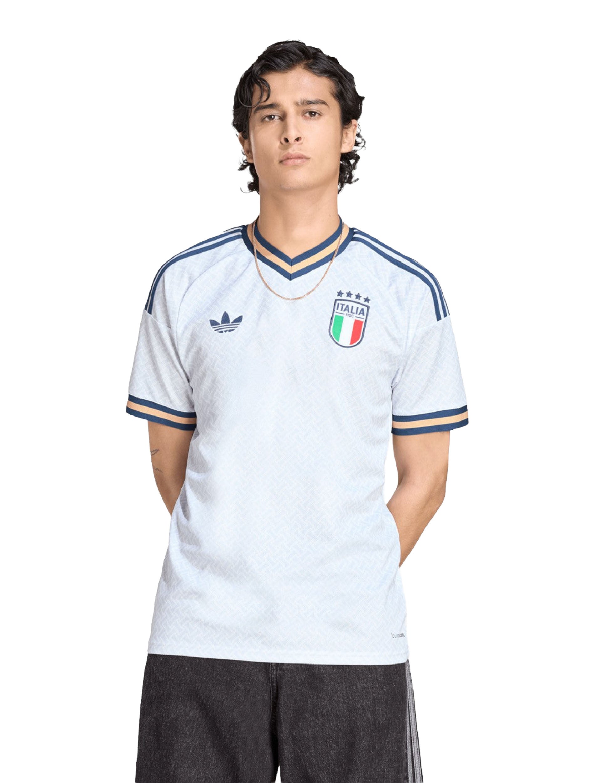 Adidas Italy 26 Away Jersey in Aeroblue worn by model — front