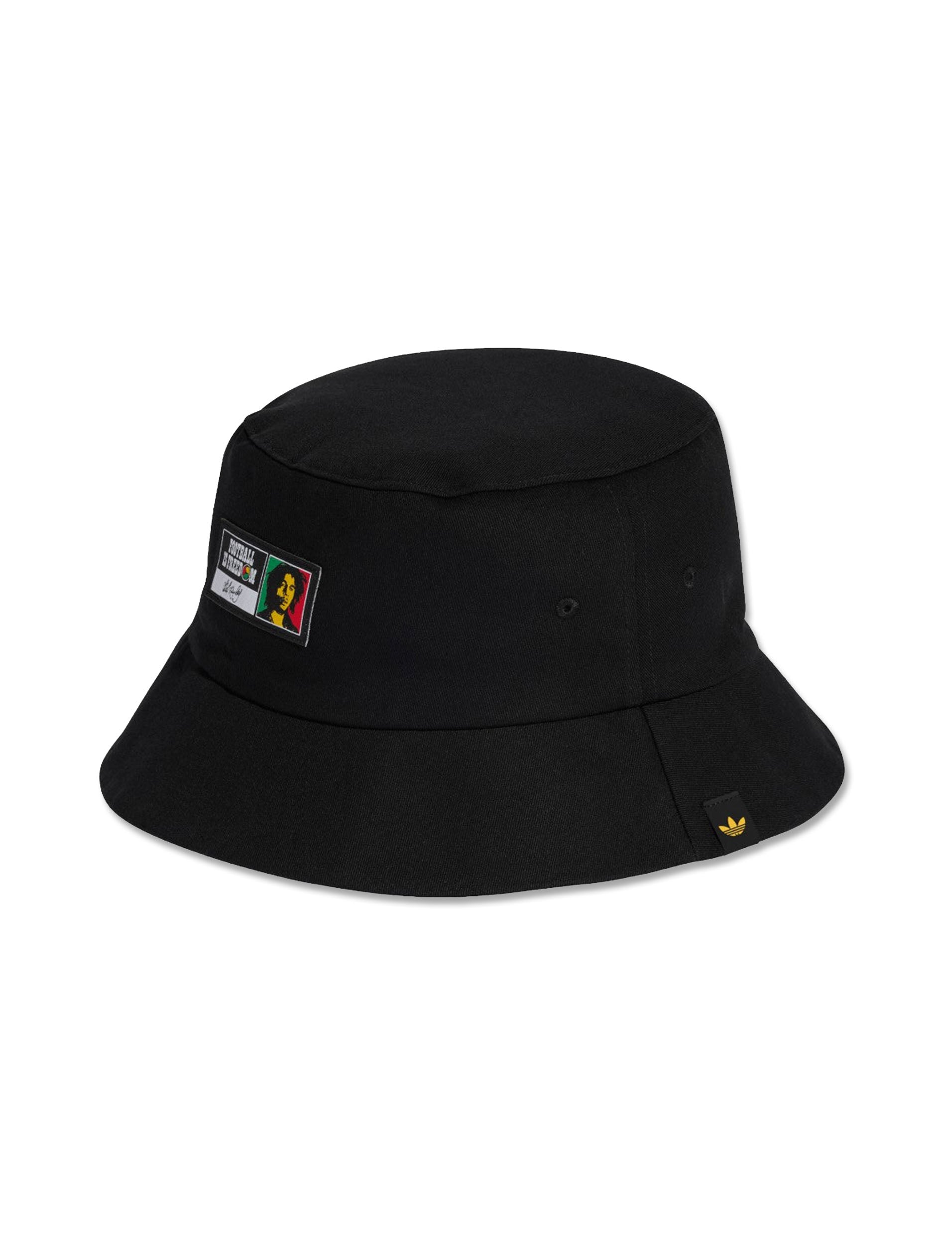 Adidas Jamaica 26 Bucket Hat in Black & Bold Gold — Reggae Boyz colorway angle view