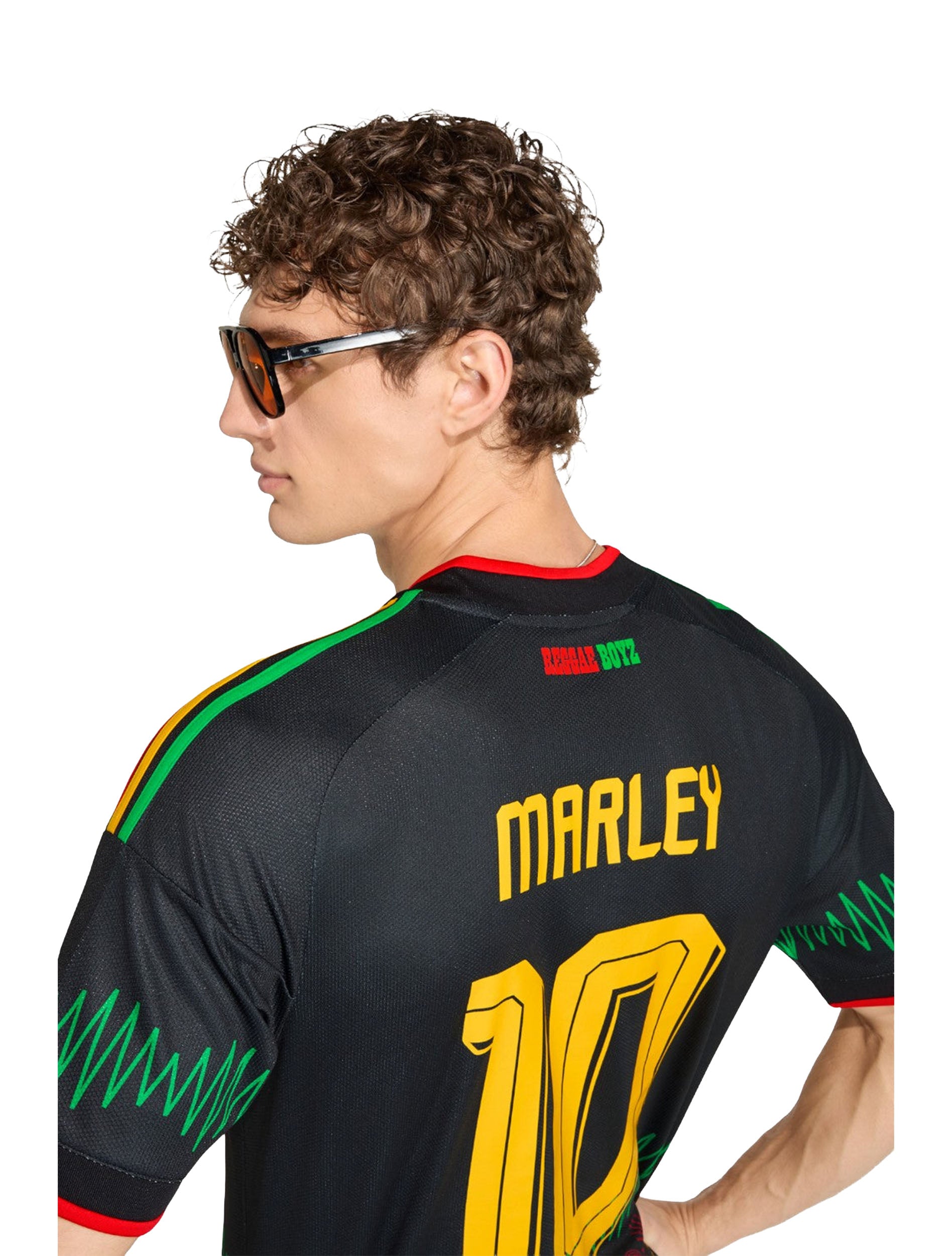 Shoulder stripe and trim detail on Adidas Jamaica 26 x Bob Marley Away Jersey