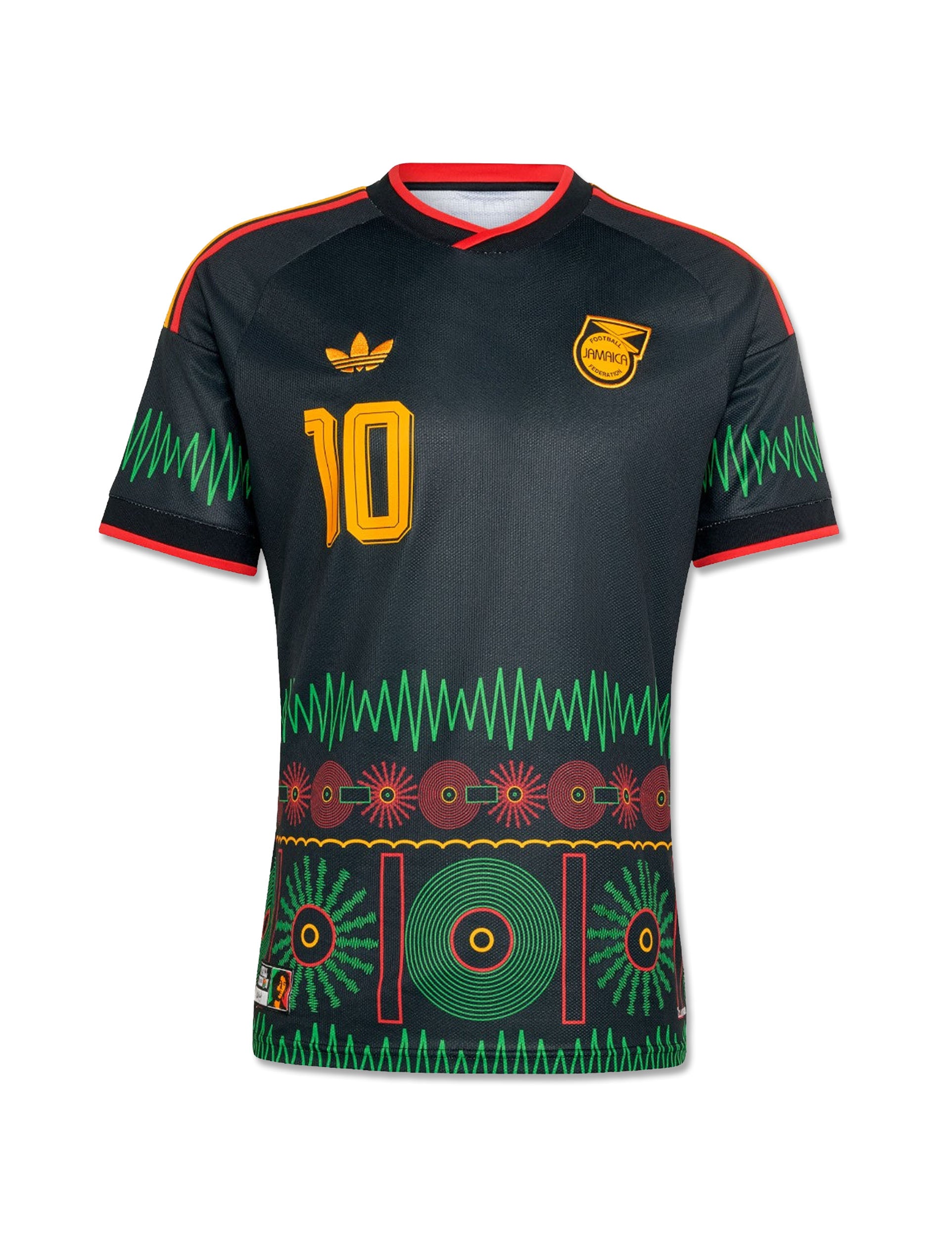 Adidas Jamaica 26 x Bob Marley Away Jersey in Black & Gold — front view