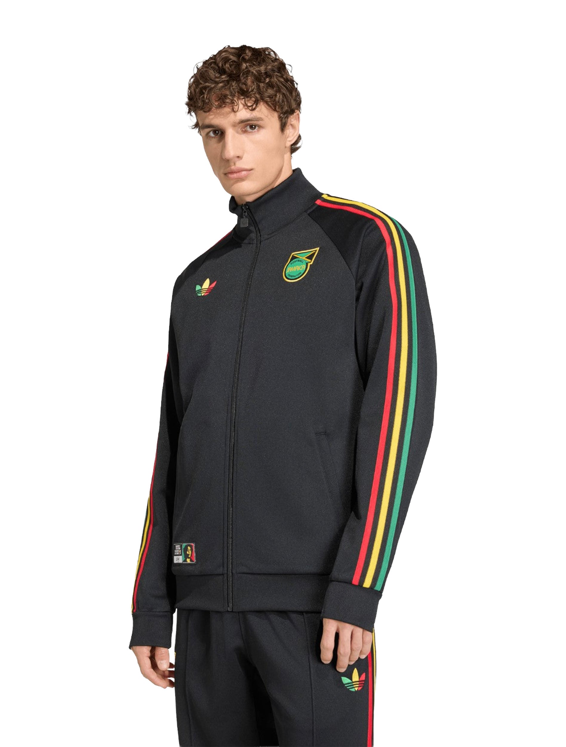 Adidas Jamaica x Bob Marley Originals Track Jacket in Black worn by model — front