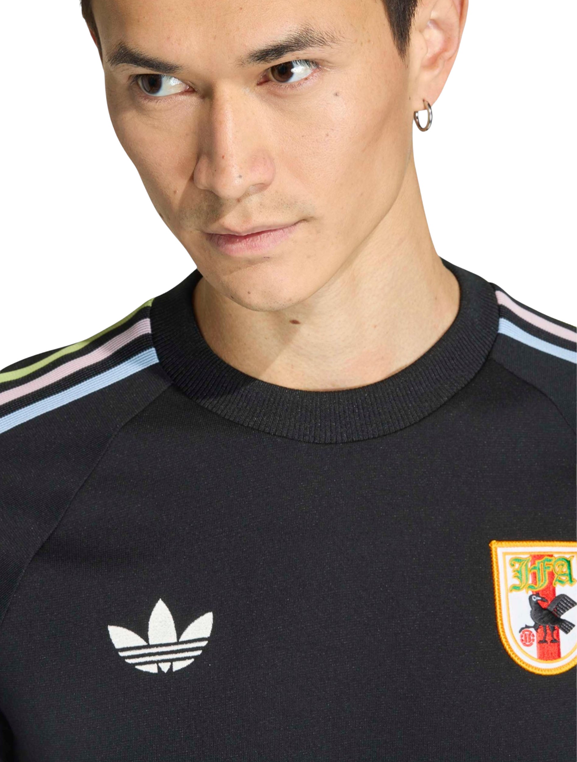 Collar, trefoil and JFA crest detail on Adidas Japan Originals Tee in Black