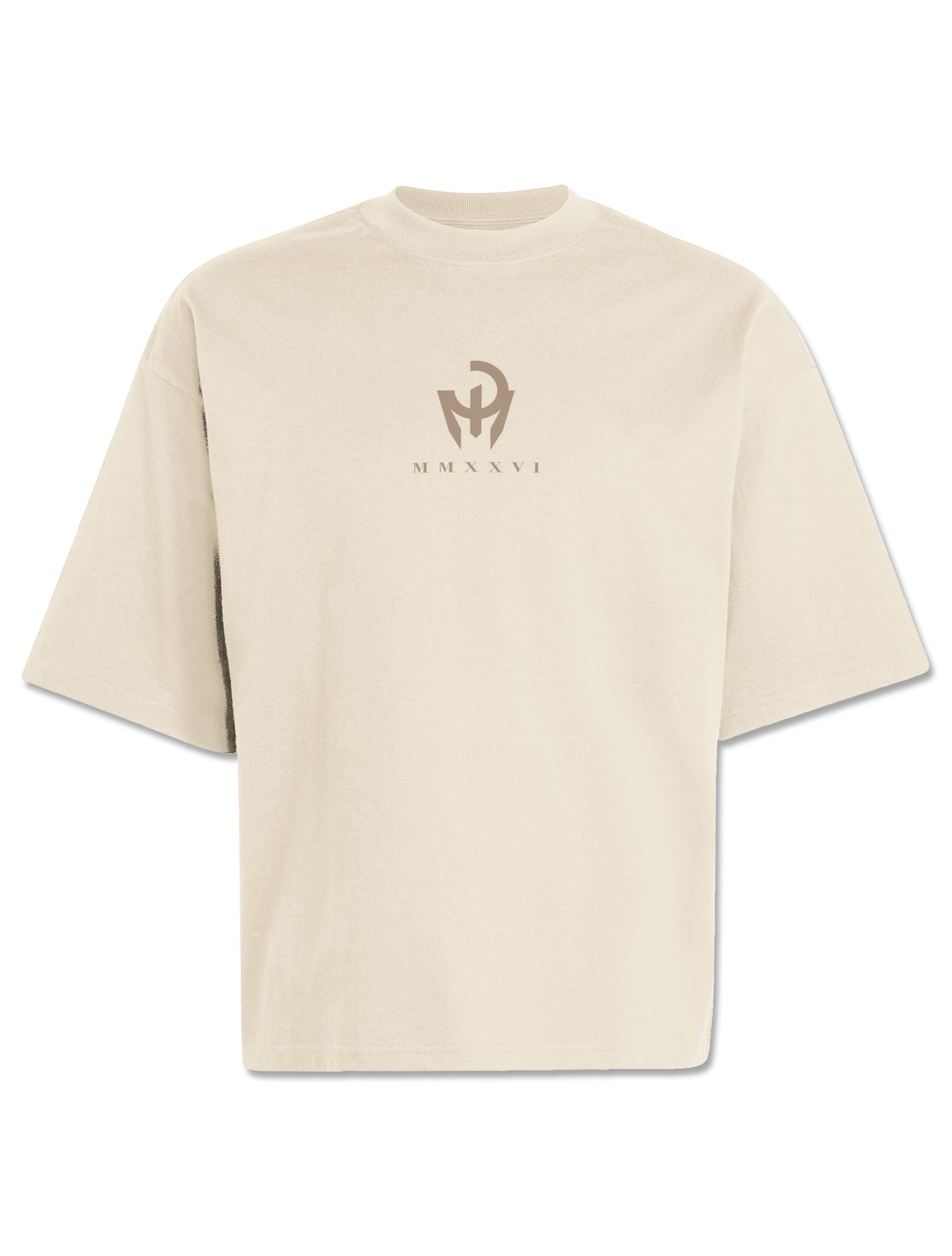Front of an ivory Adidas boxy tee with a tonal taupe Mahomes monogram over MMXXVI