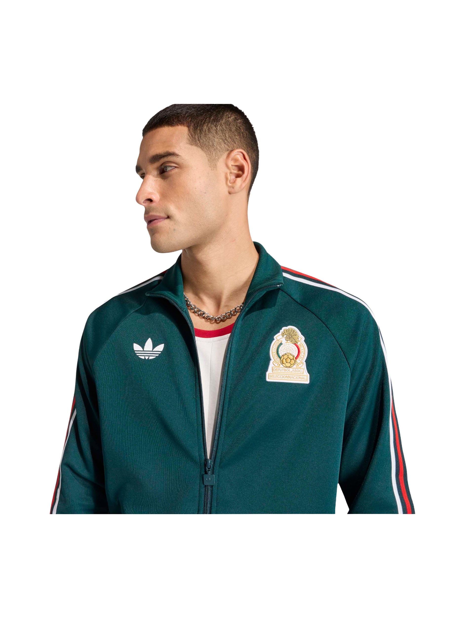 Front zip and FMF crest detail on Adidas Men's Originals Mexico Track Jacket in Green