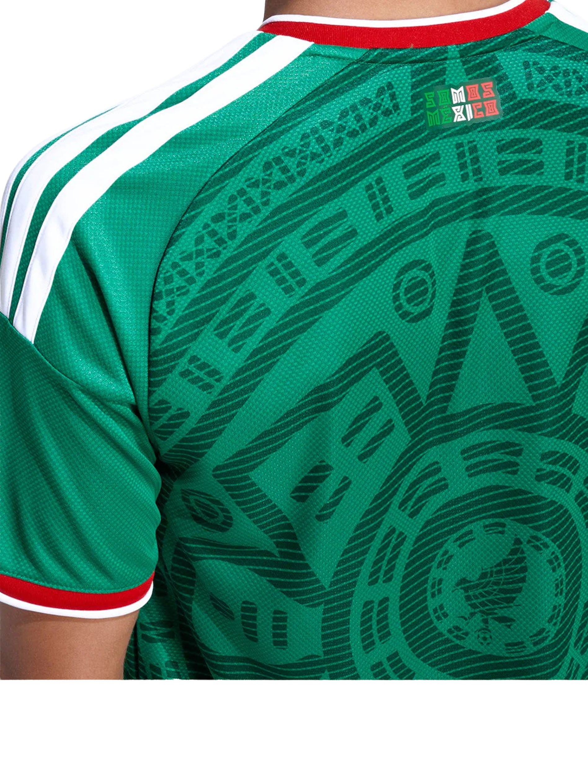 Shoulder stripe and tricolor flag tag detail on Adidas Mexico 26 Home Jersey