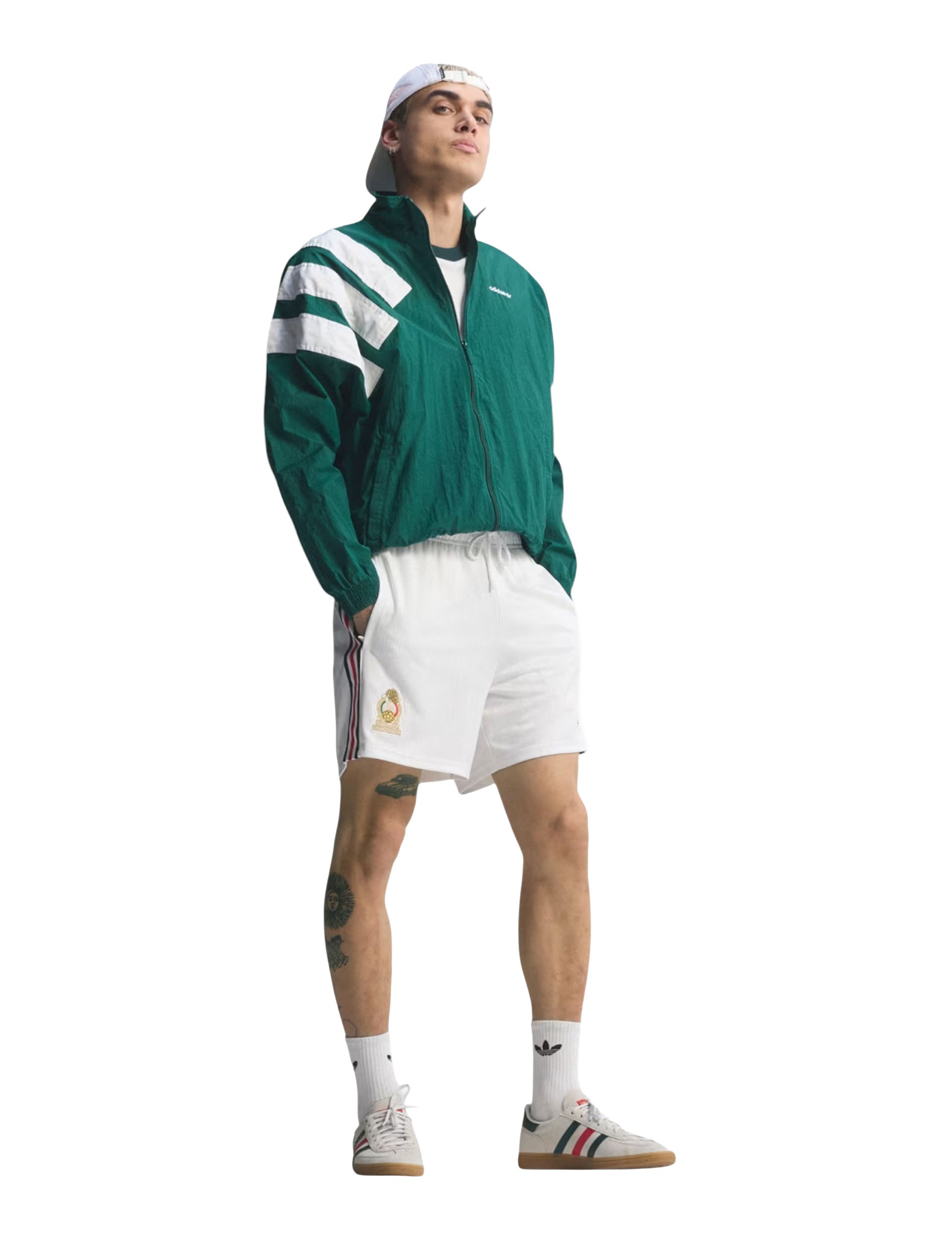 Adidas Mexico Originals Shorts in White worn by model — front with side stripe