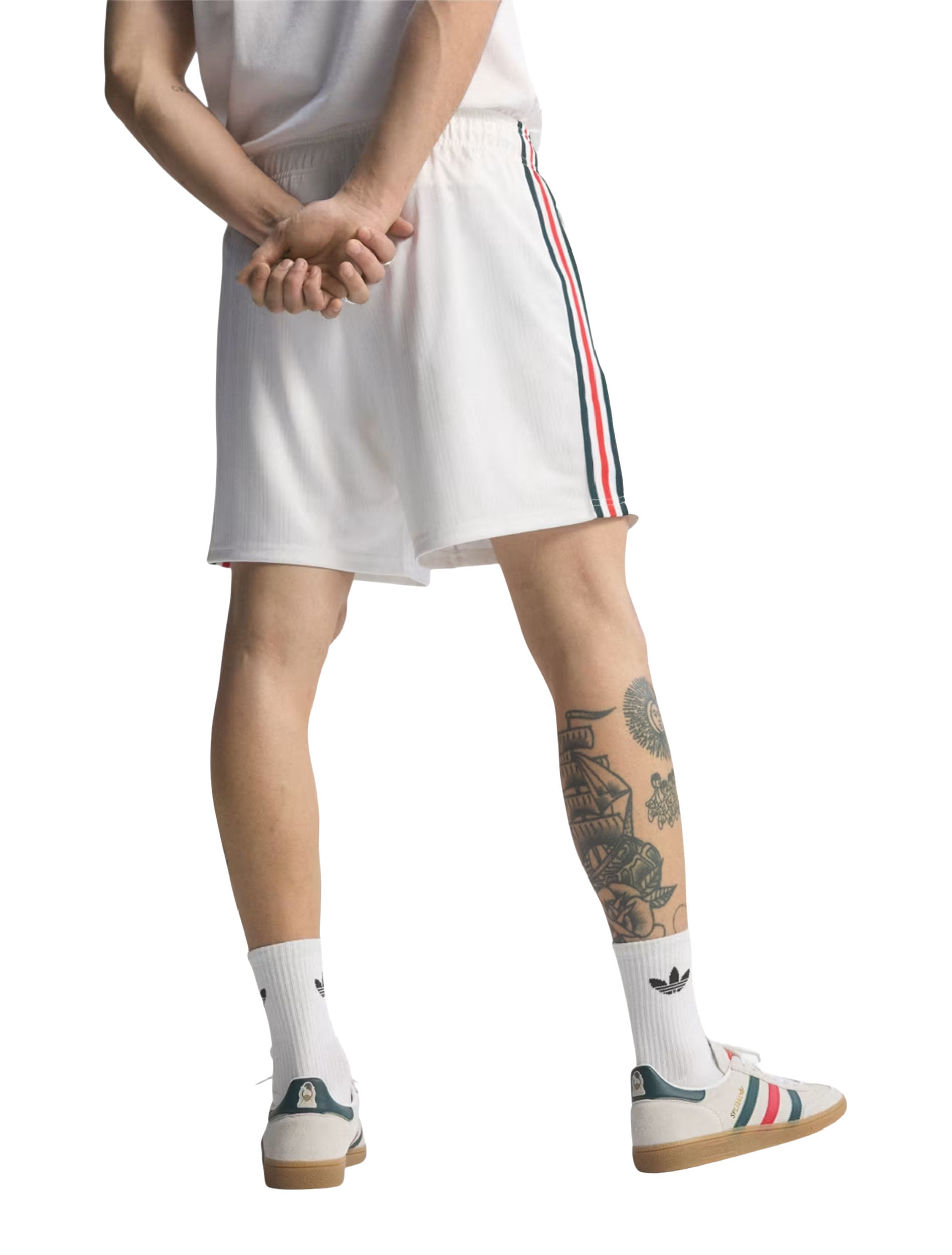 Adidas Mexico Originals Shorts in White styled with green track jacket — full body