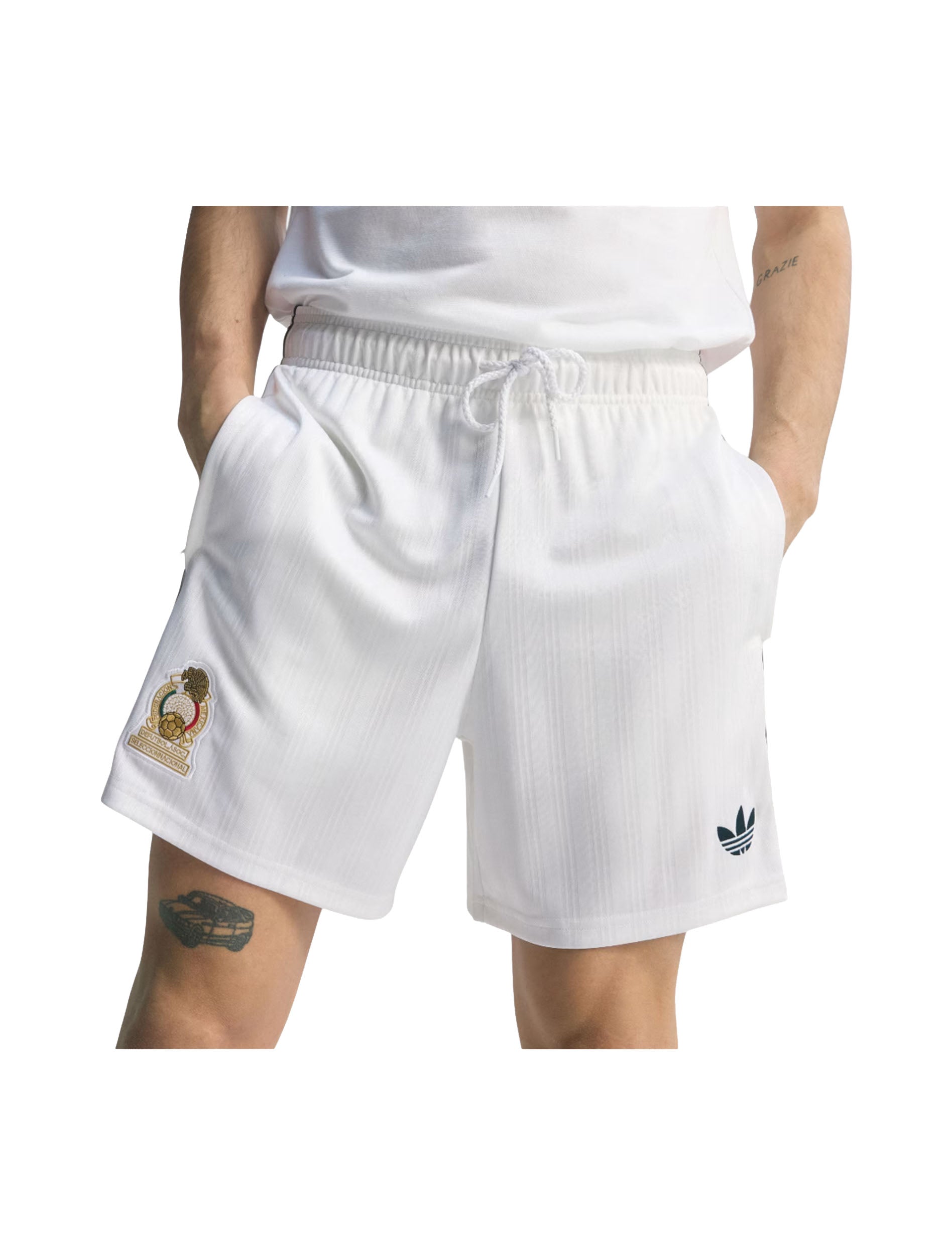 Adidas Mexico Originals Shorts in White worn by model — front, Mexico, FIFA World Cup 26 collection at CHROME