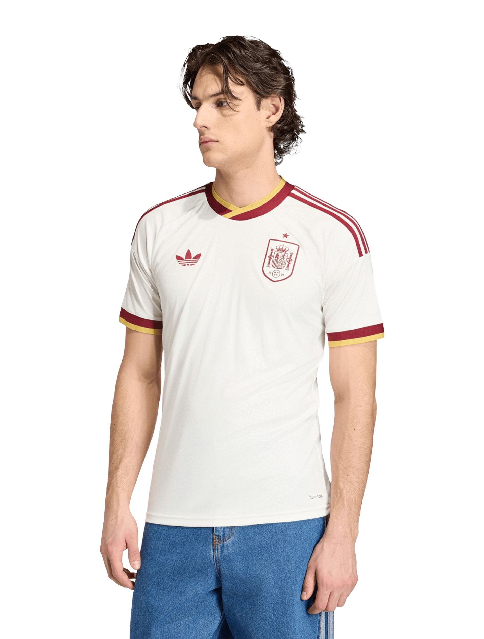 Adidas Spain 26 Away Jersey in Off White worn by model — front