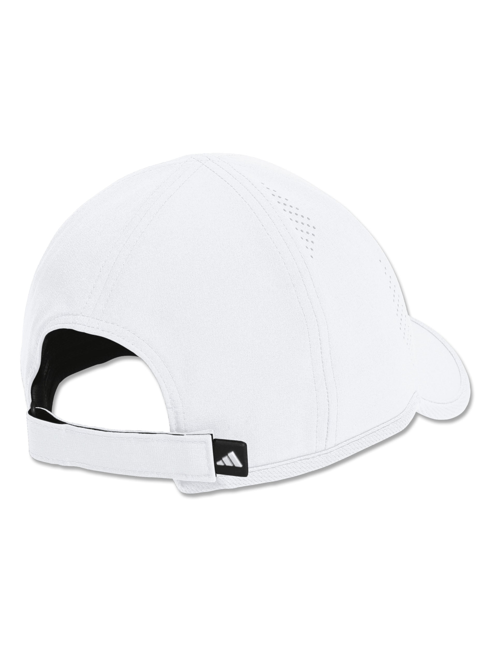 Back of the white cap showing the red Adidas performance logo and the adjustable closure
