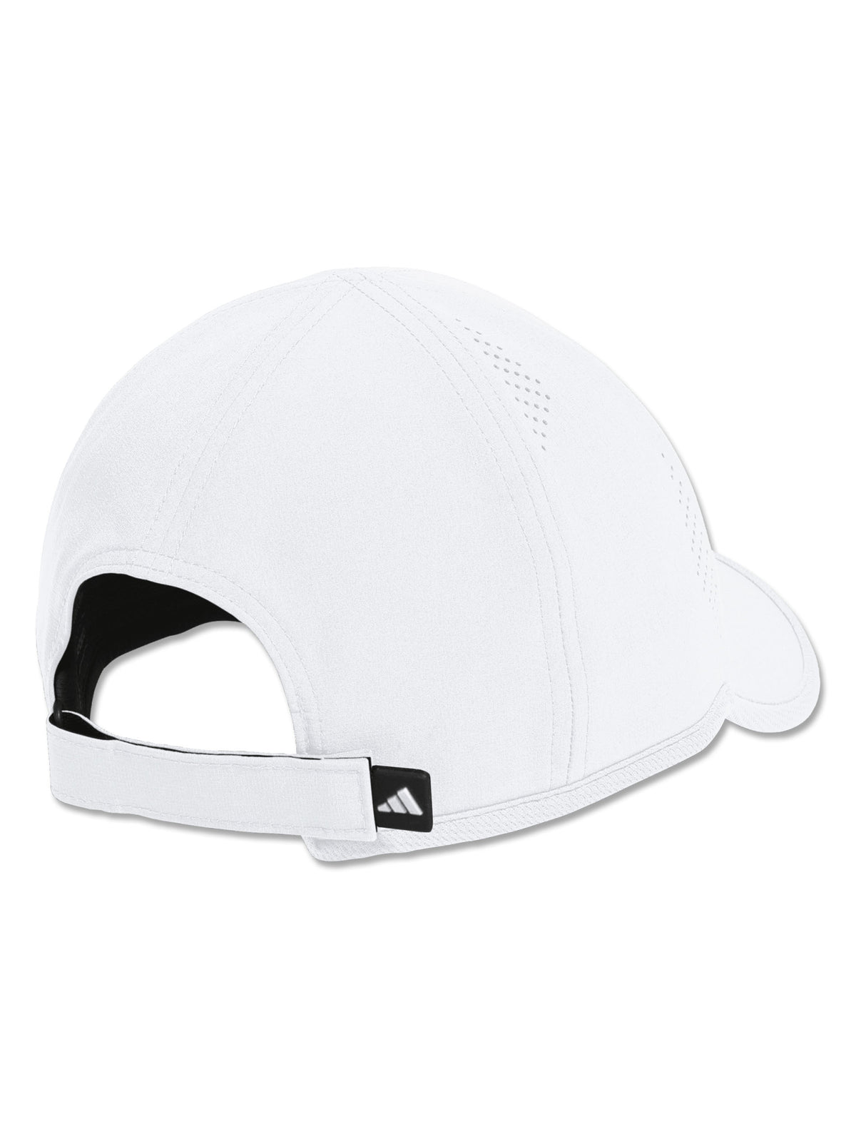 Back of the white cap showing the red Adidas performance logo and the adjustable closure