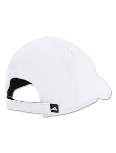 Back of the white cap showing the red Adidas performance logo and the adjustable closure