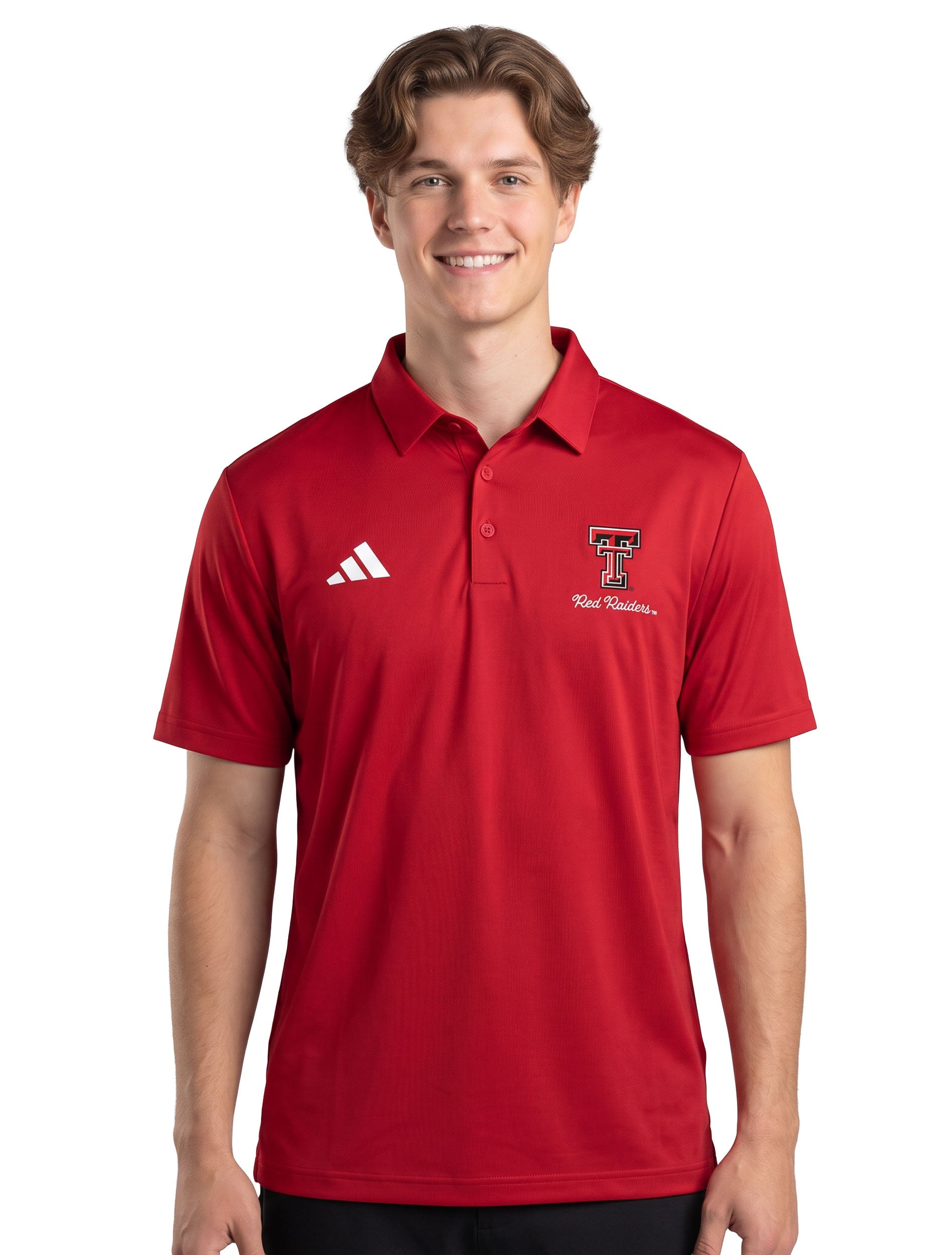 Model wearing the red Adidas Texas Tech polo, front view showing the self fabric collar, the three button placket, and the chest lockup