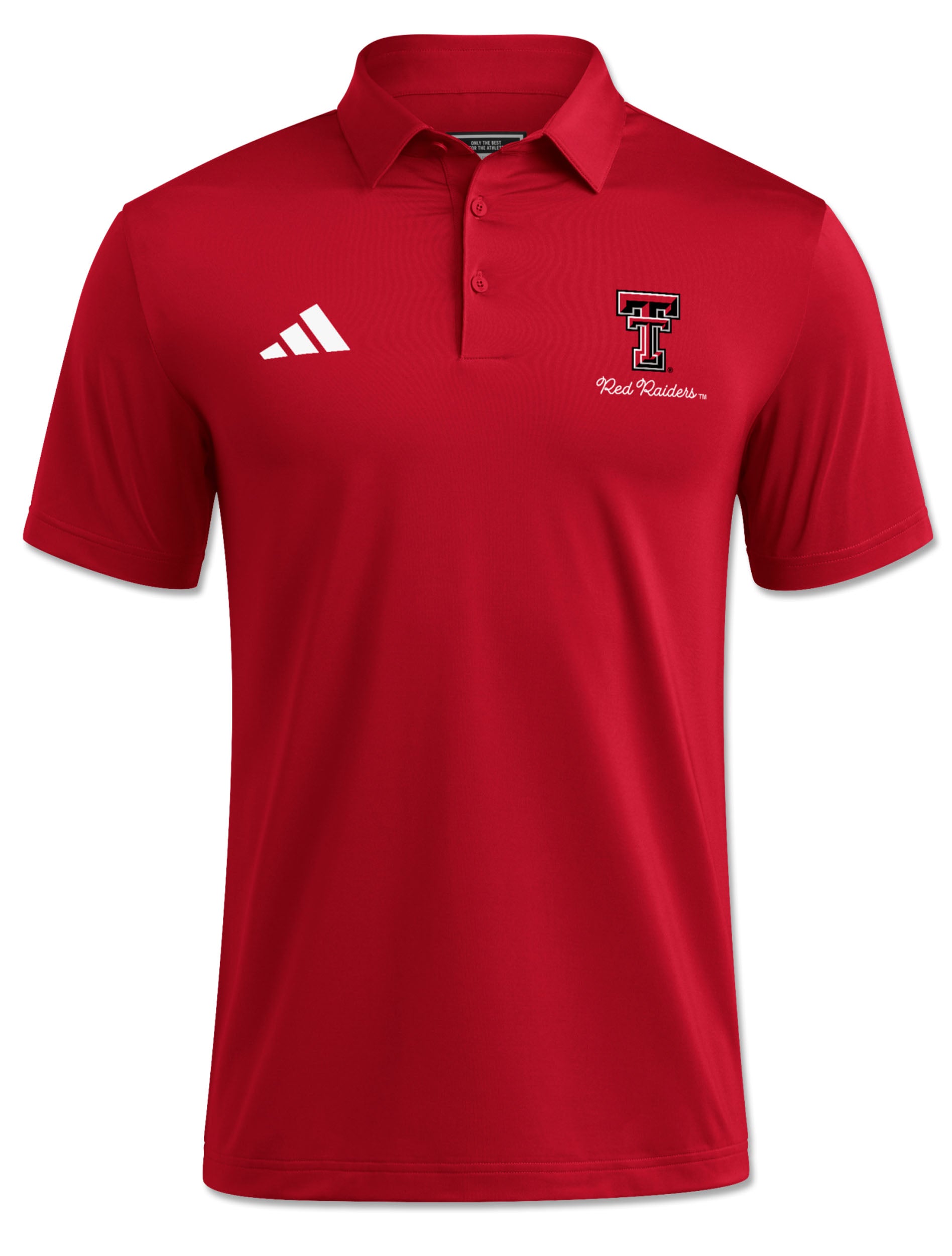 Red Adidas Texas Tech polo with a self-fabric collar and three button placket, showing a printed Double T at the chest above Red Raiders in white script