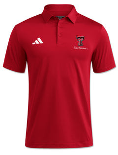 Red Adidas Texas Tech polo with a self-fabric collar and three button placket, showing a printed Double T at the chest above Red Raiders in white script