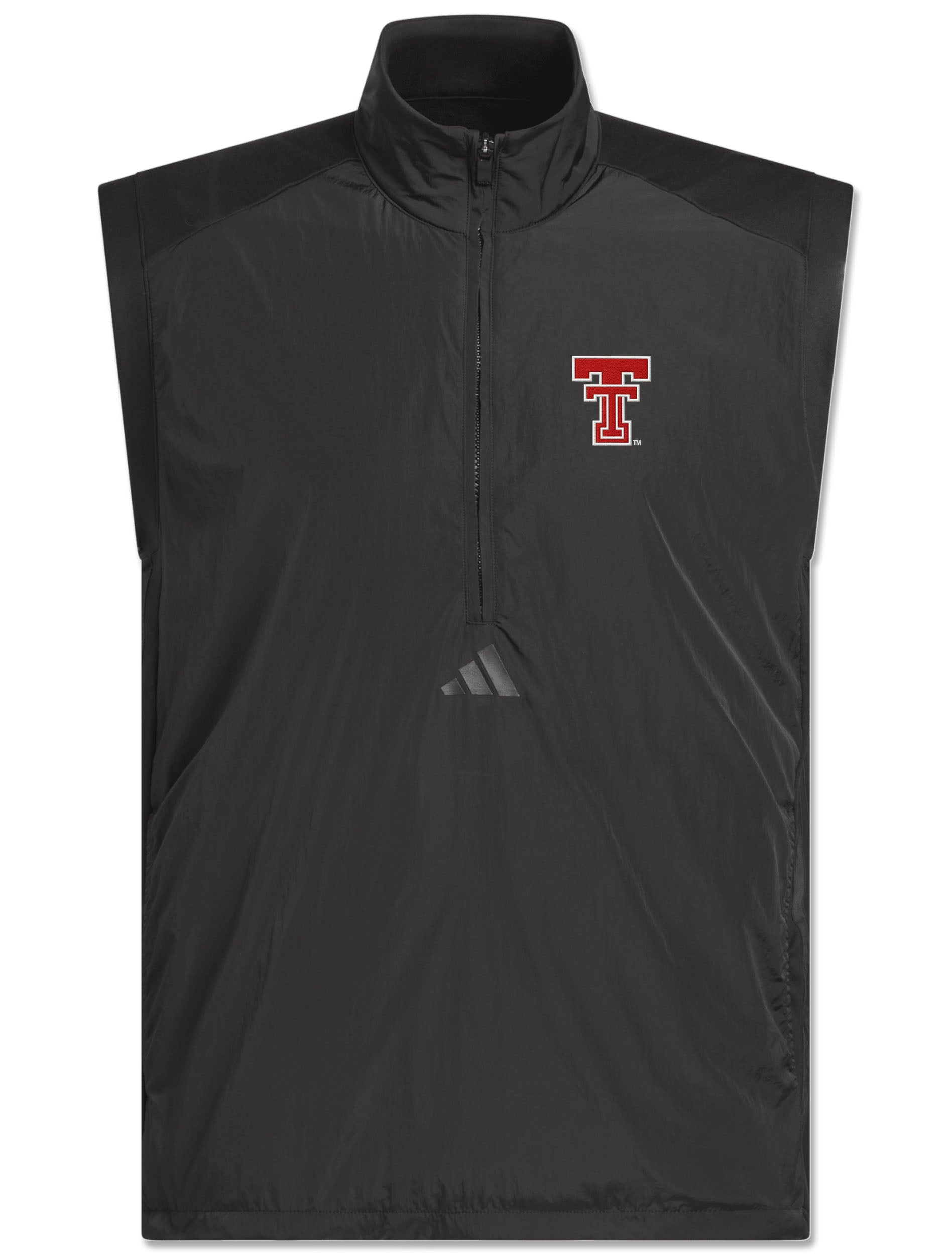 Black Adidas half-zip golf vest with an embroidered red throwback Double T on the left chest and a tonal Adidas logo below the zip