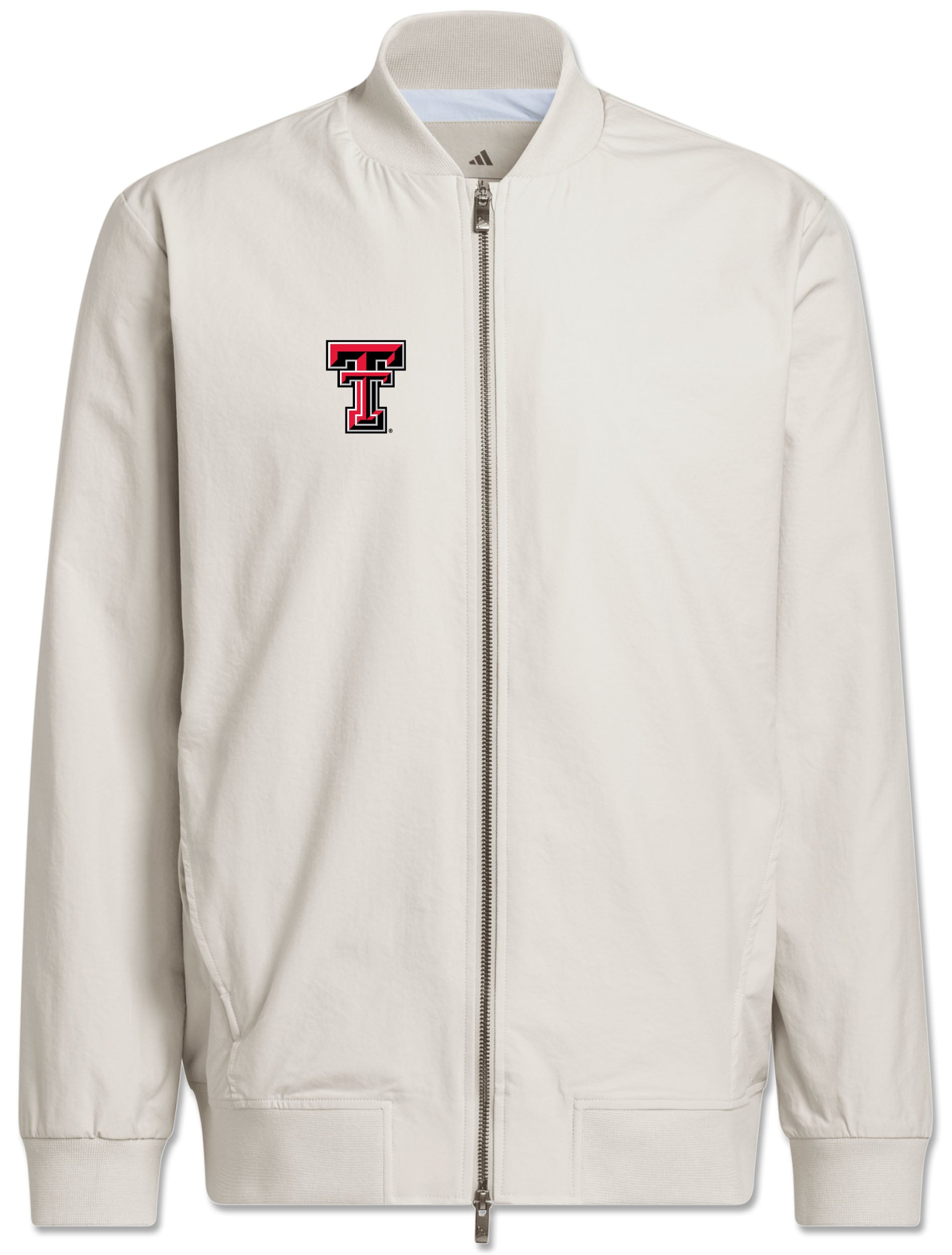 Silver Adidas Texas Tech golf full zip bomber jacket with a red, black and white Double T on the chest