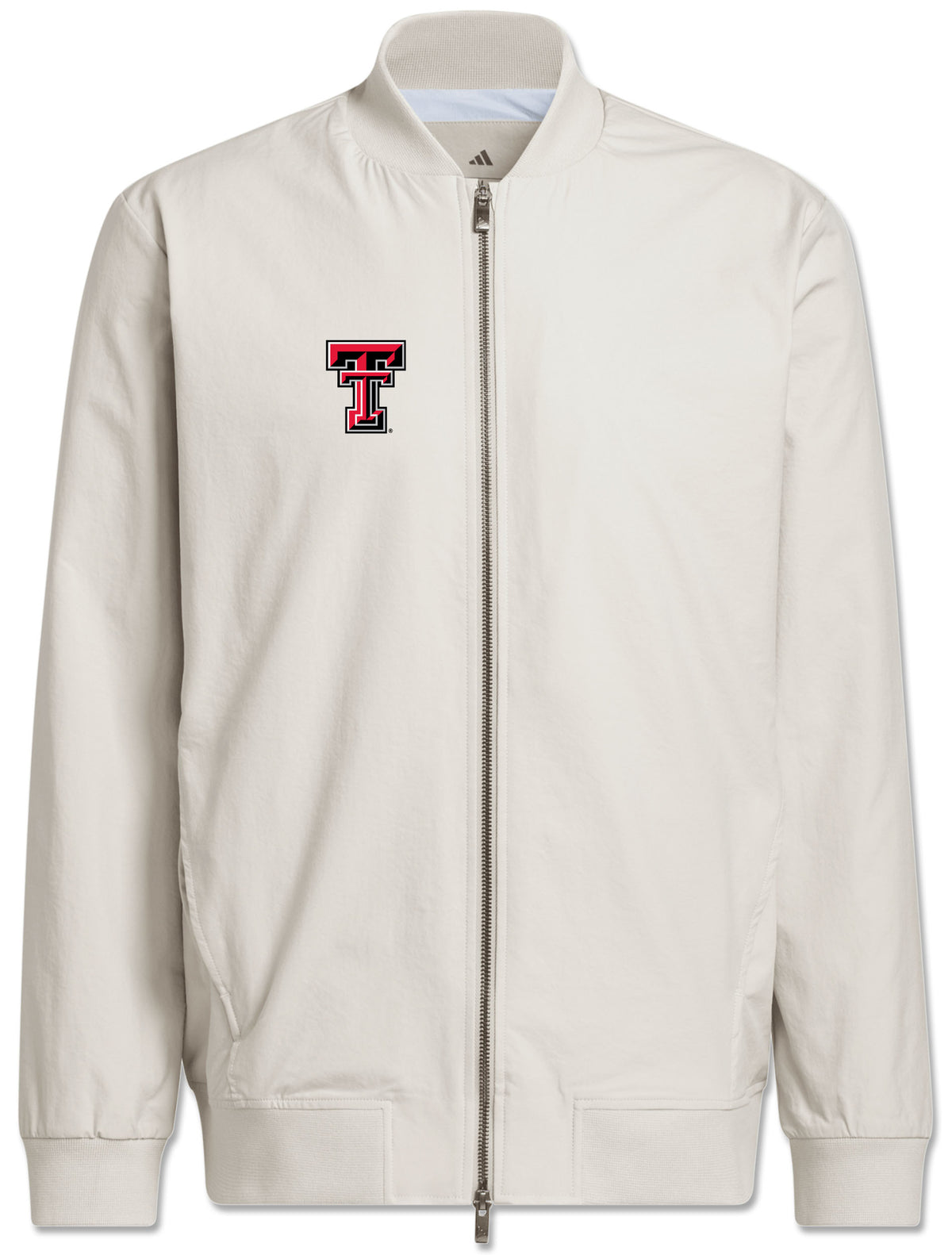 Silver Adidas Texas Tech golf full zip bomber jacket with a red, black and white Double T on the chest
