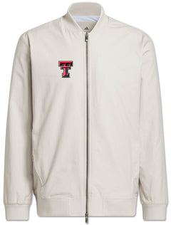 Silver Adidas Texas Tech golf full zip bomber jacket with a red, black and white Double T on the chest