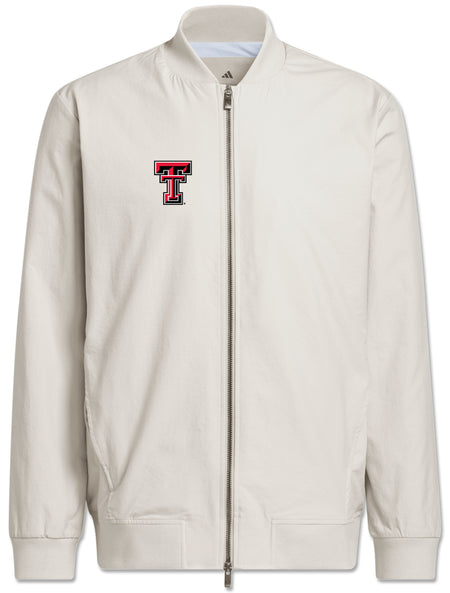 Silver Adidas Texas Tech golf full zip bomber jacket with a red, black and white Double T on the chest
