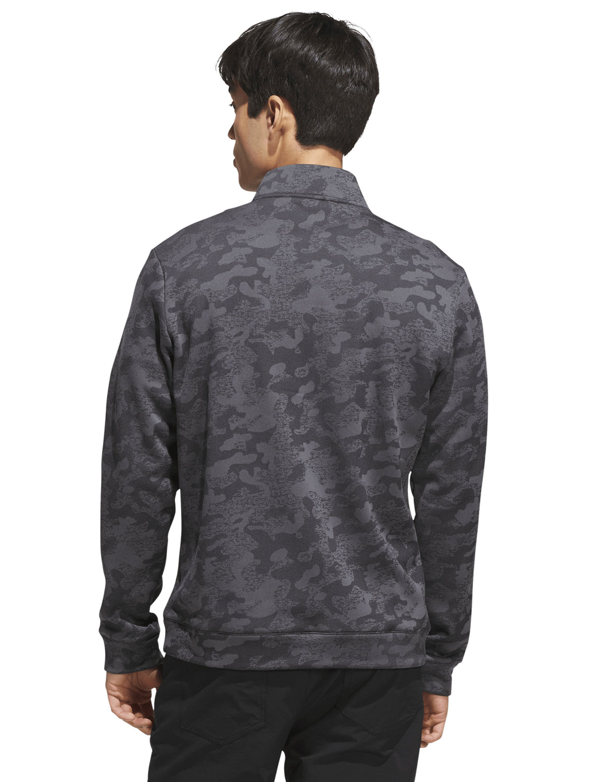 Back of the tonal camo golf quarter zip on a model