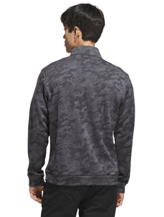 Back of the tonal camo golf quarter zip on a model