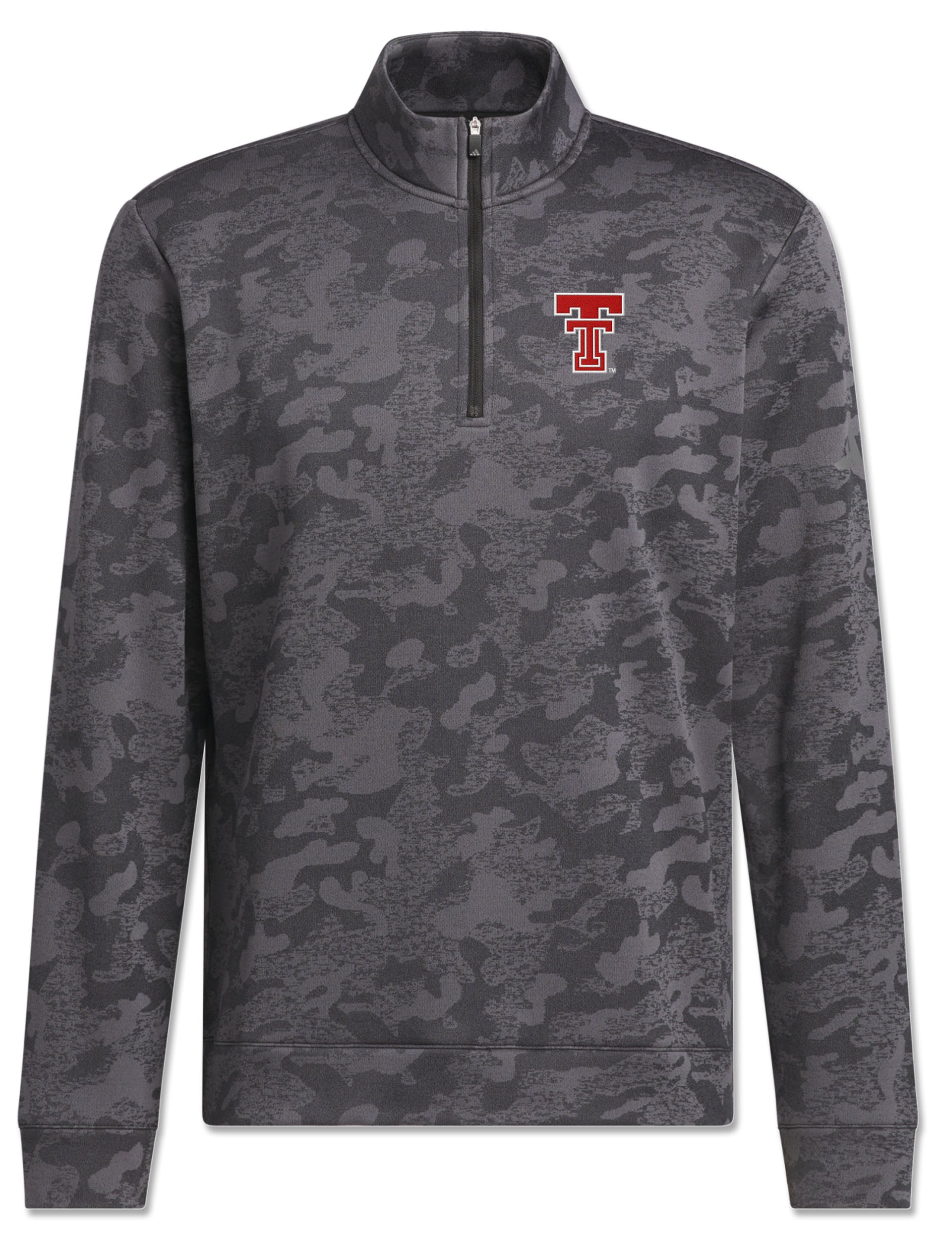 Tonal grey camo Adidas golf quarter zip with an embroidered red throwback Double T on the left chest