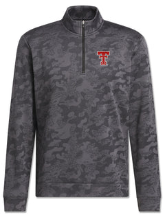 Tonal grey camo Adidas golf quarter zip with an embroidered red throwback Double T on the left chest