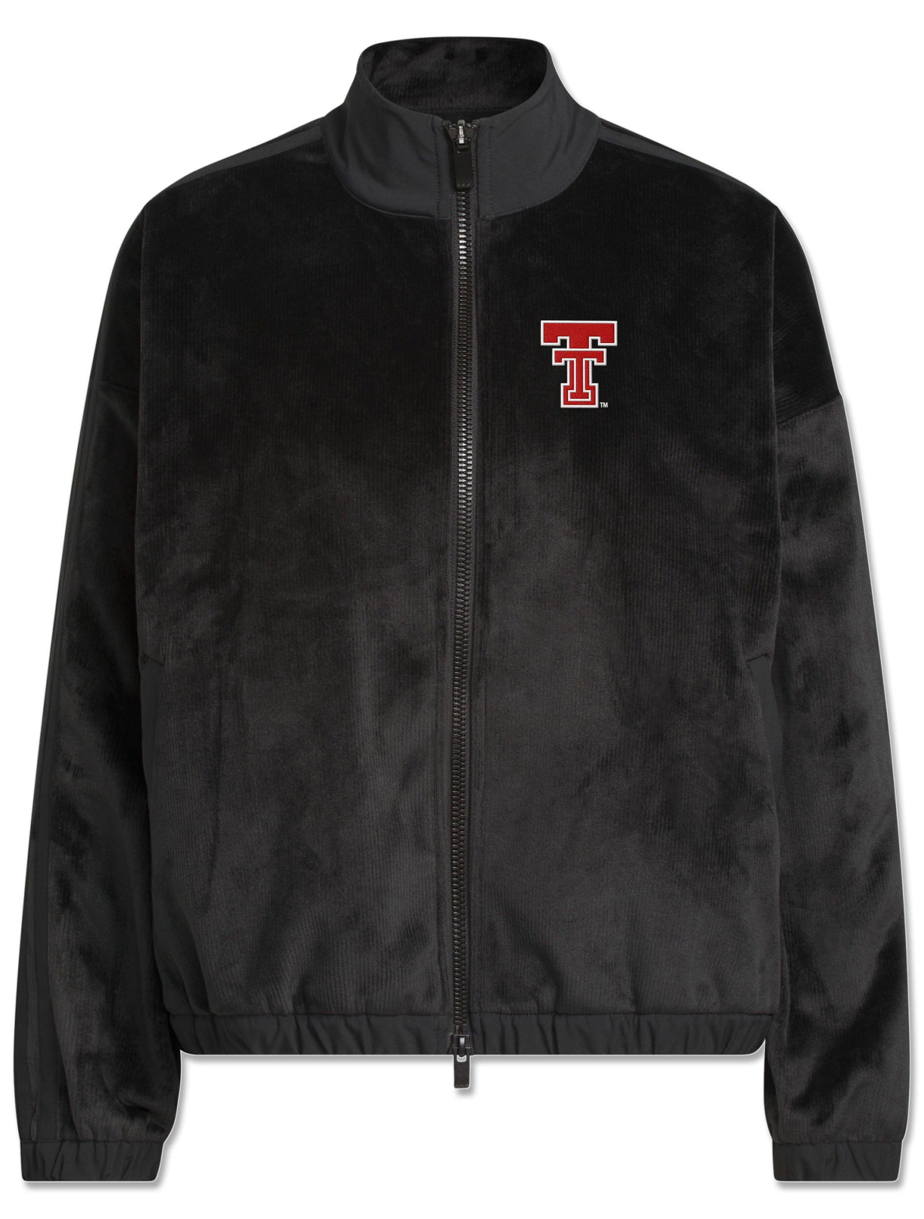 Black Adidas women's velvet bomber jacket with a stand collar, full zip and red throwback Double T on the left chest